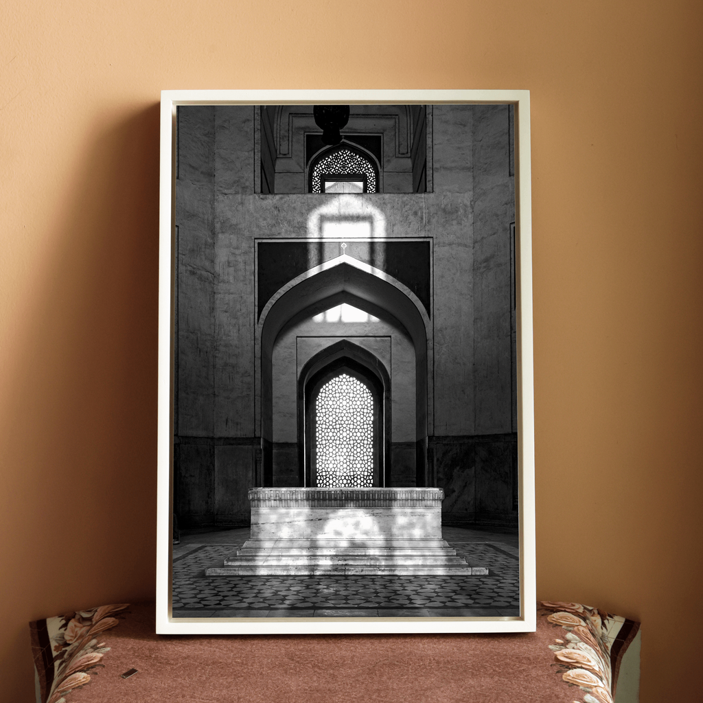 Humayun's Tomb Grave – Shadows, Reflections & Inlays | Black & White Fine Art Print