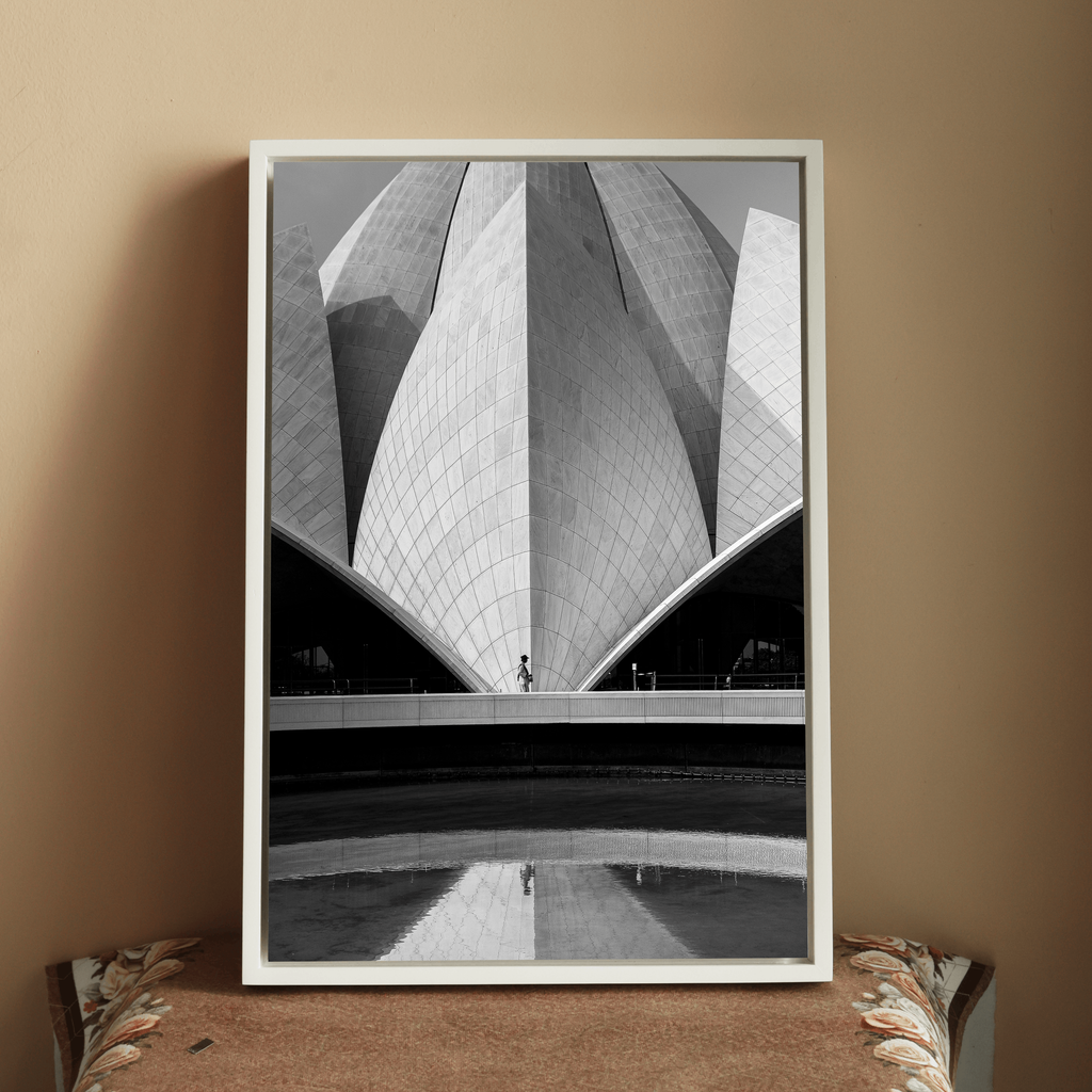 Lotus Temple Delhi – Concrete Petals, Shadow & Pool Reflection | B&W Architectural Fine Art Wall Photography Print