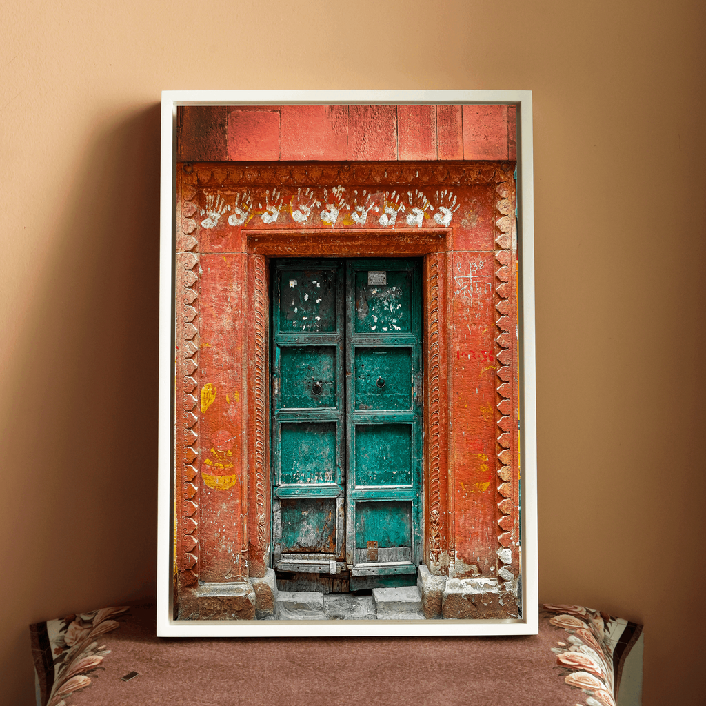 Varanasi – The Green Door of the Sacred Lane | Hindu Devotion Fine Art Wall Photography Print