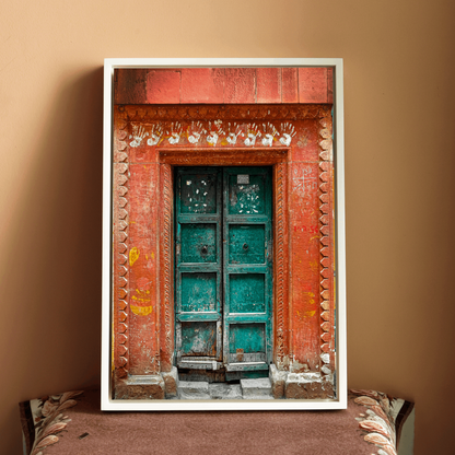 Varanasi – The Green Door of the Sacred Lane | Hindu Devotion Fine Art Wall Photography Print