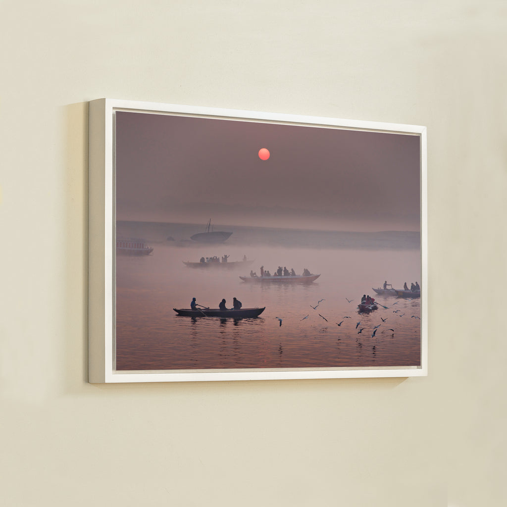 Varanasi Ganga Ghats – Winter Morning Fog, Silhouettes & the Crimson Sun | Fine Art Wall Photography Print