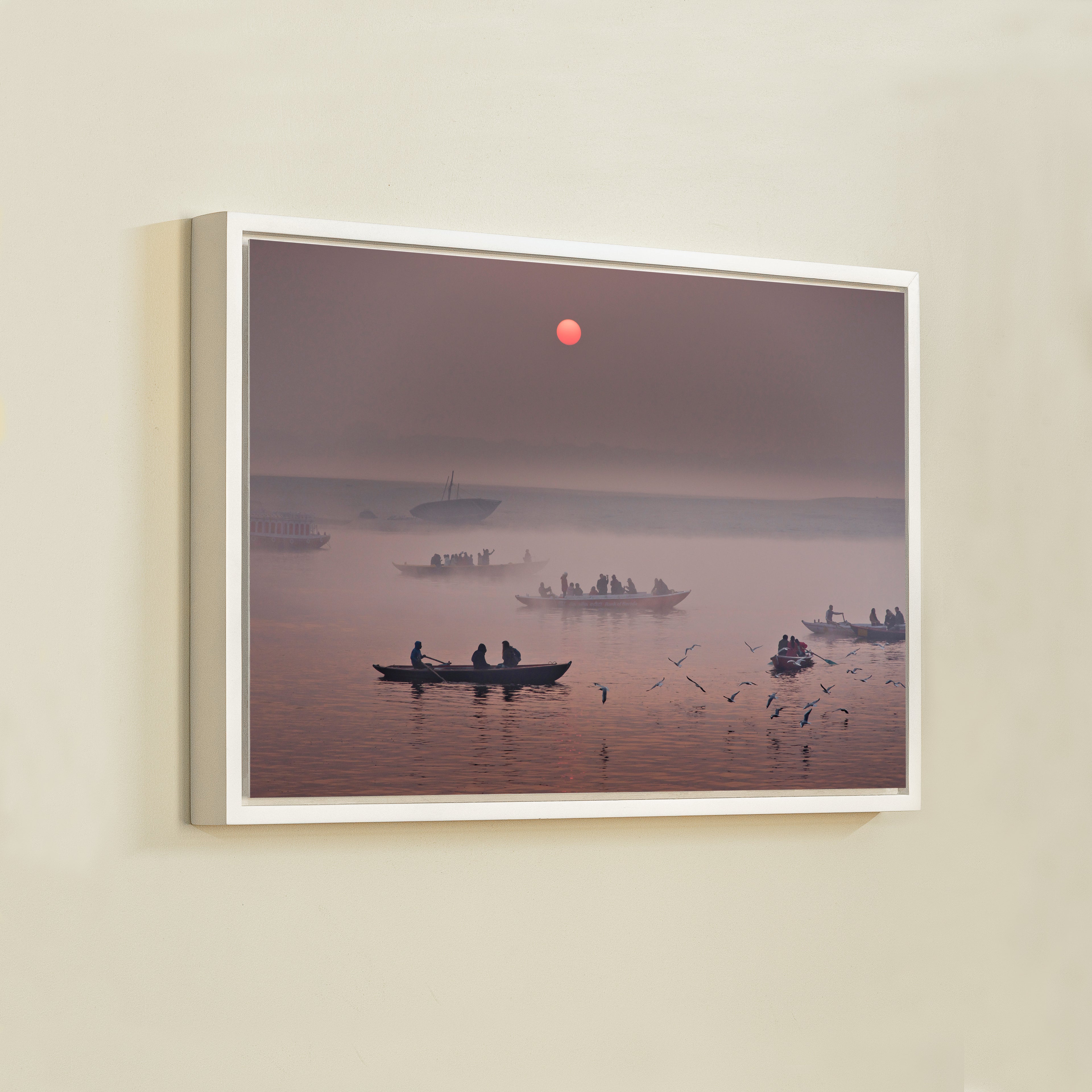 Varanasi Ganga Ghats – Winter Morning Fog, Silhouettes & the Crimson Sun | Fine Art Wall Photography Print