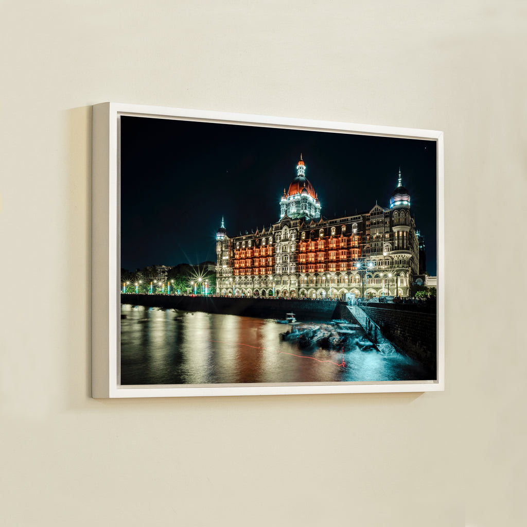 Mumbai Street Photography – Taj Mahal Palace Hotel at Night, Sea Reflections & Twinkling Lights | Fine Art Wall Photography Print
