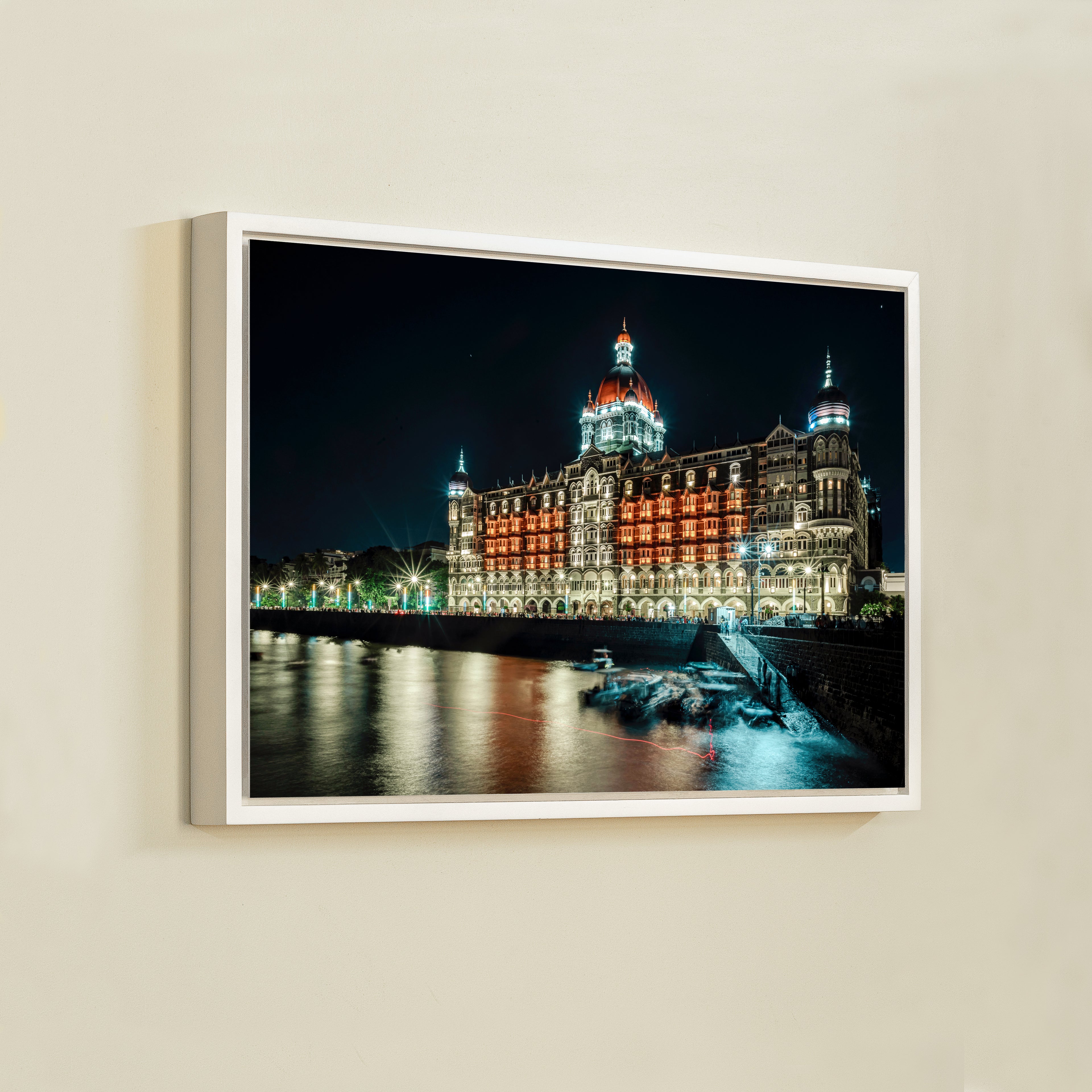 Mumbai Street Photography – Taj Mahal Palace Hotel at Night, Sea Reflections & Twinkling Lights | Fine Art Wall Photography Print