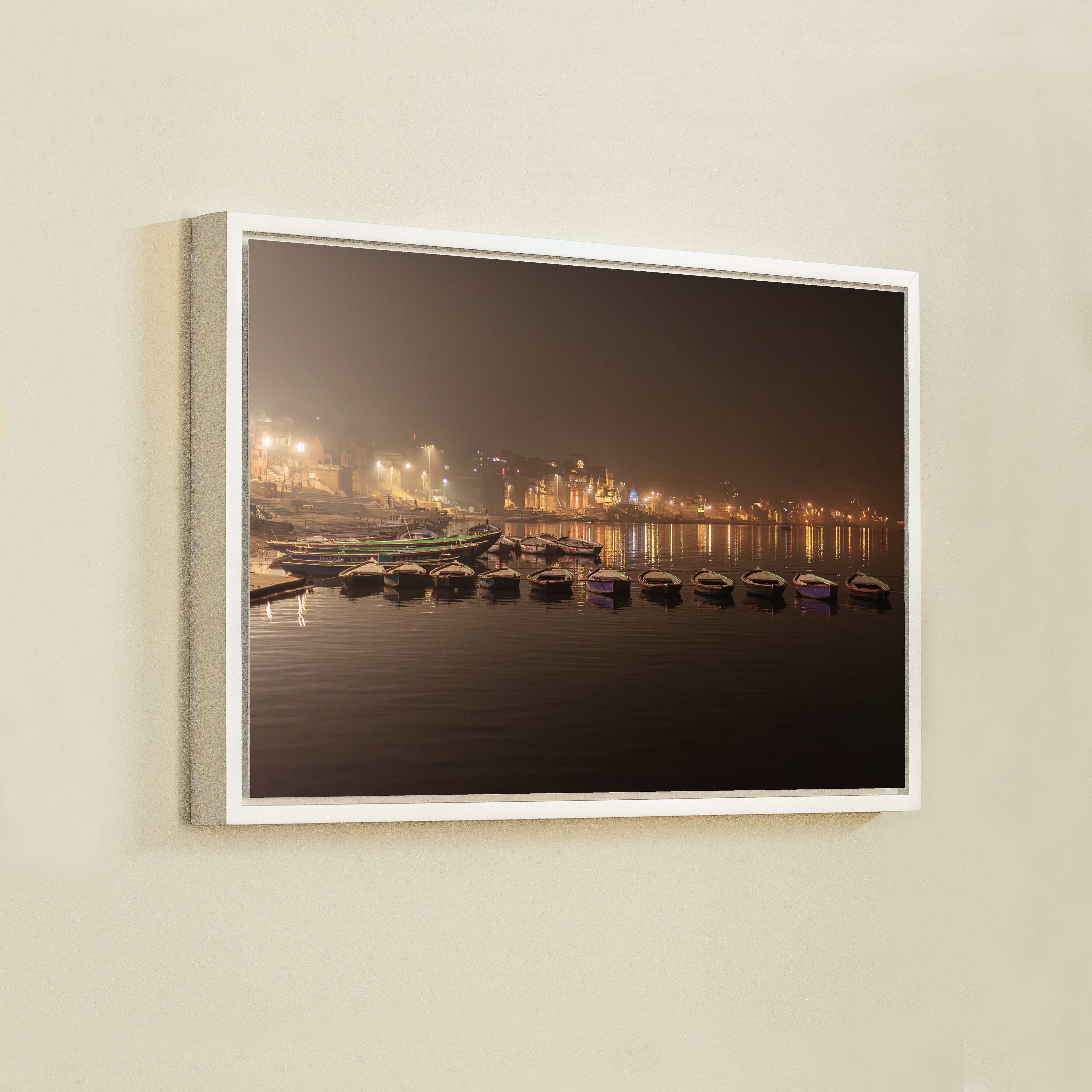 Varanasi Ganga Ghats – Boats at Rest, City Lights & the Sacred River at Night | Fine Art Wall Photography Print