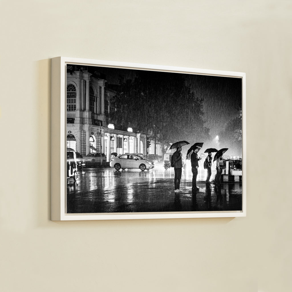 Connaught Place in the Rain – Umbrella Silhouettes on a Monsoon Night, New Delhi | Fine Art B&W Photography Print