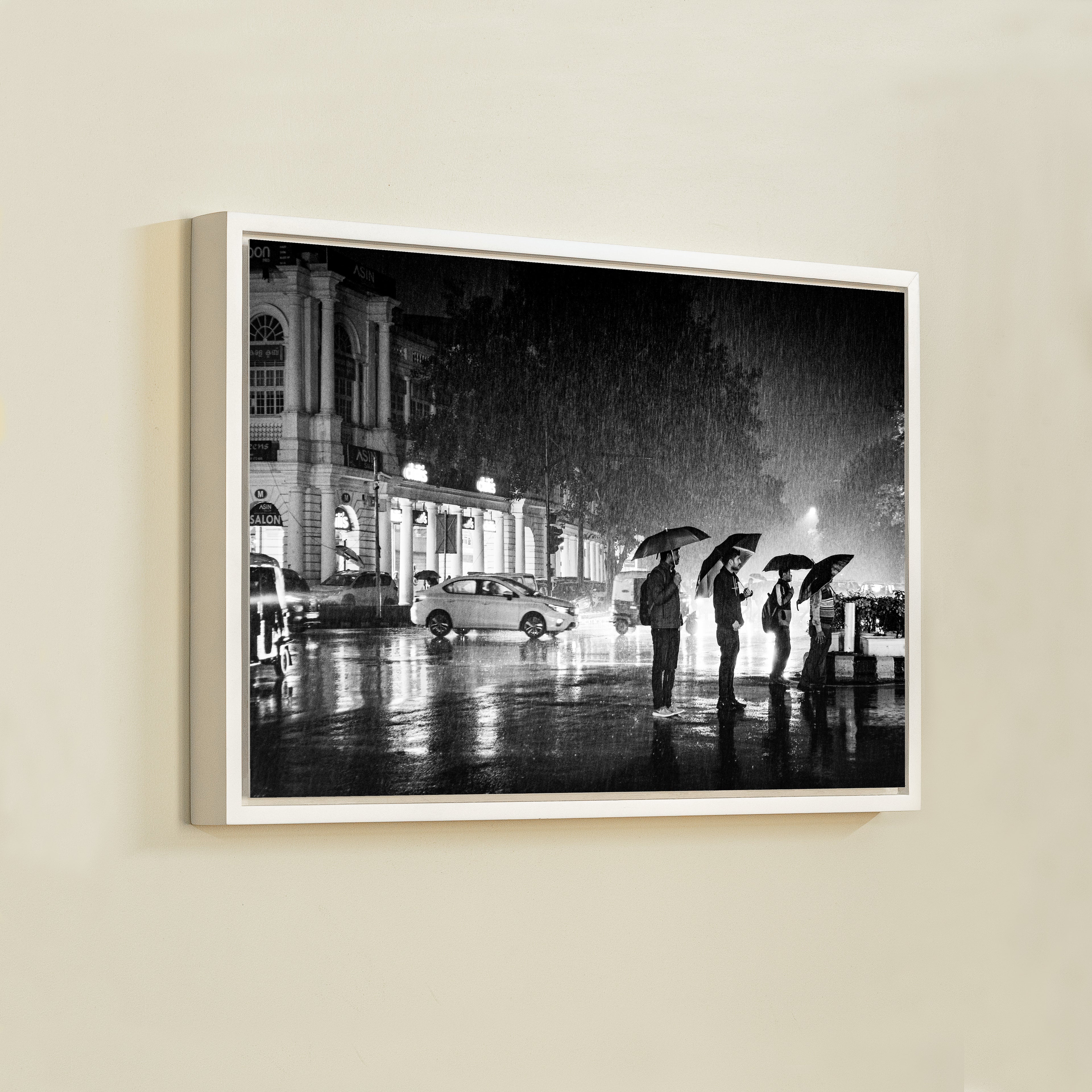 Connaught Place in the Rain – Umbrella Silhouettes on a Monsoon Night, New Delhi | Fine Art B&W Photography Print