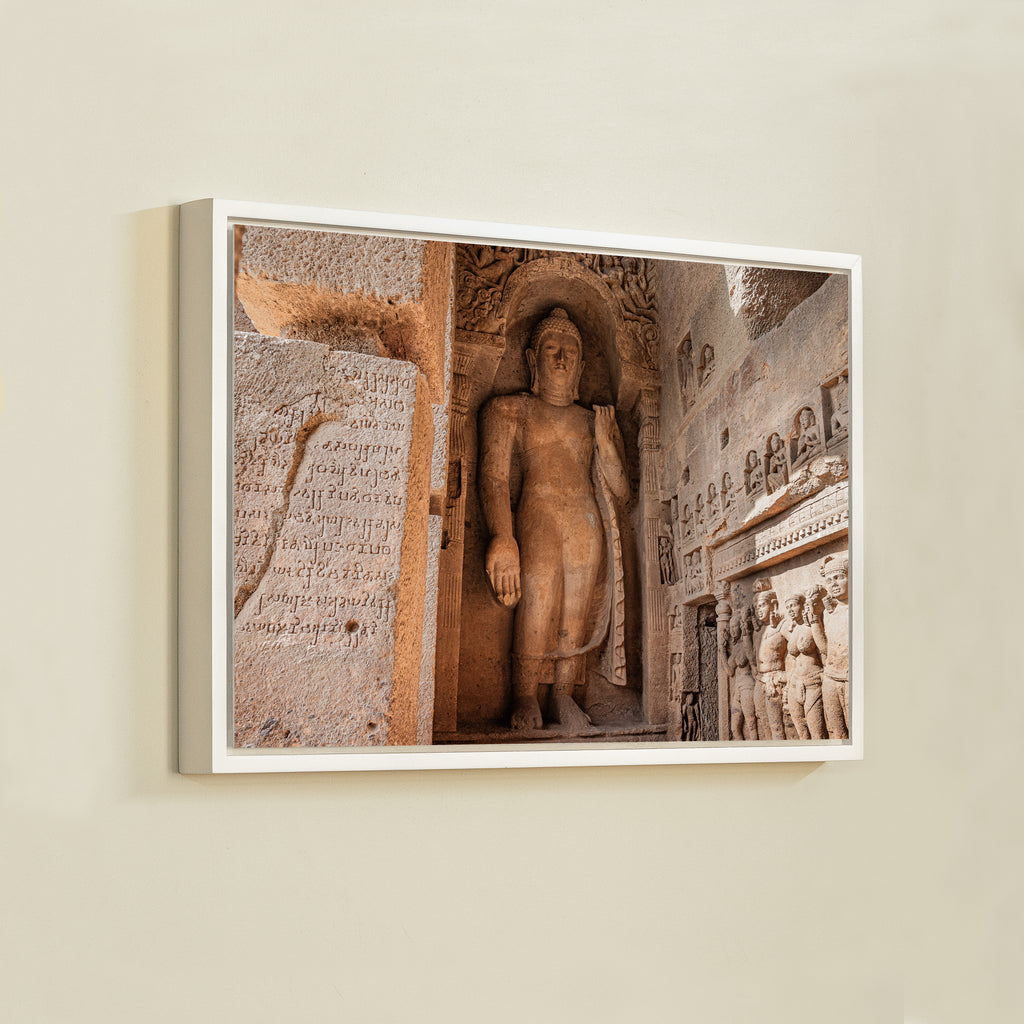 Kanheri Caves – Standing Buddha & Ancient Brahmi Inscription, Mumbai | Fine Art Wall Photography Print