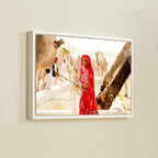 Pushkar Camel Fair – Woman in Red at the Camel Pond | Rajasthan Fine Art Wall Photography Print