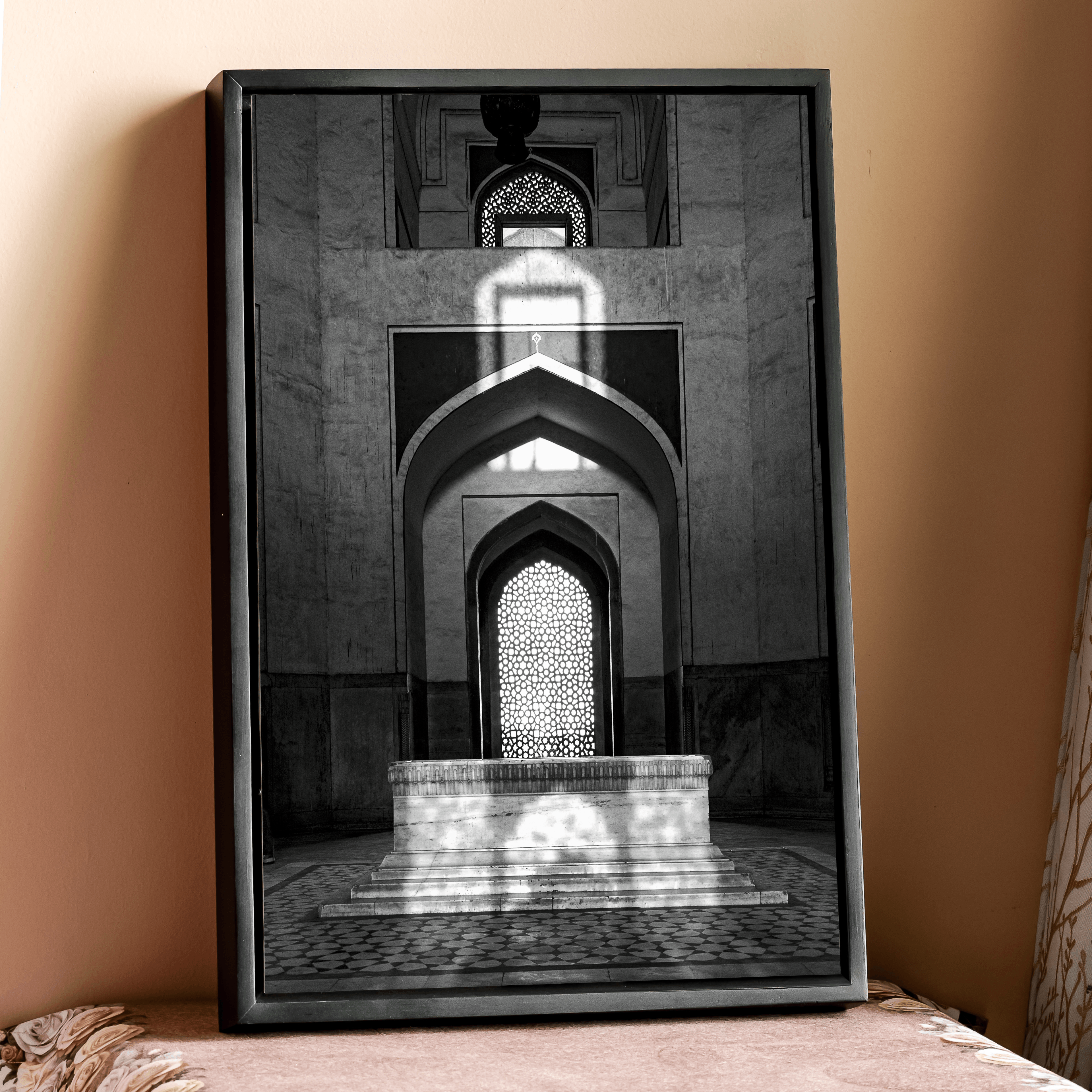 Humayun's Tomb Grave – Shadows, Reflections & Inlays | Black & White Fine Art Print