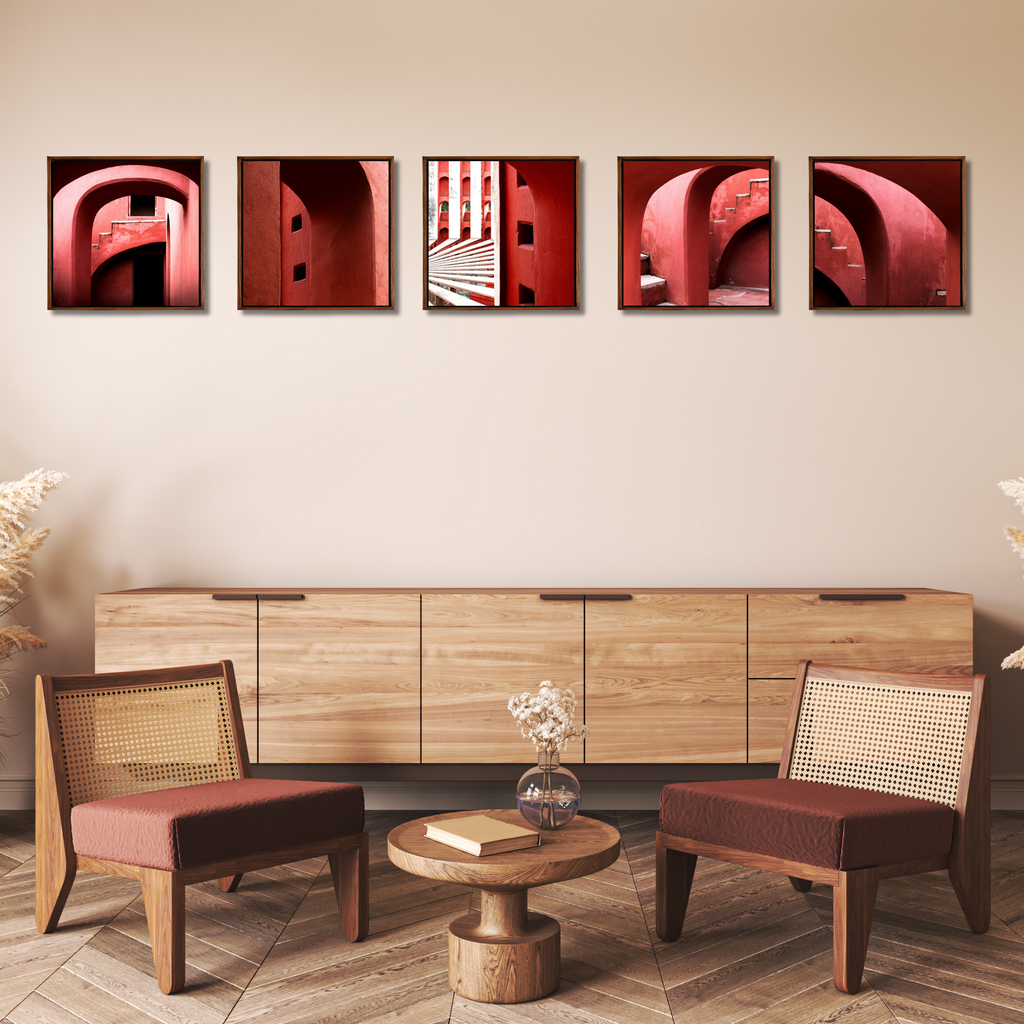 Jantar Mantar, New Delhi – Crimson Arches | Set of 5 Square Fine Art Wall Photography Prints