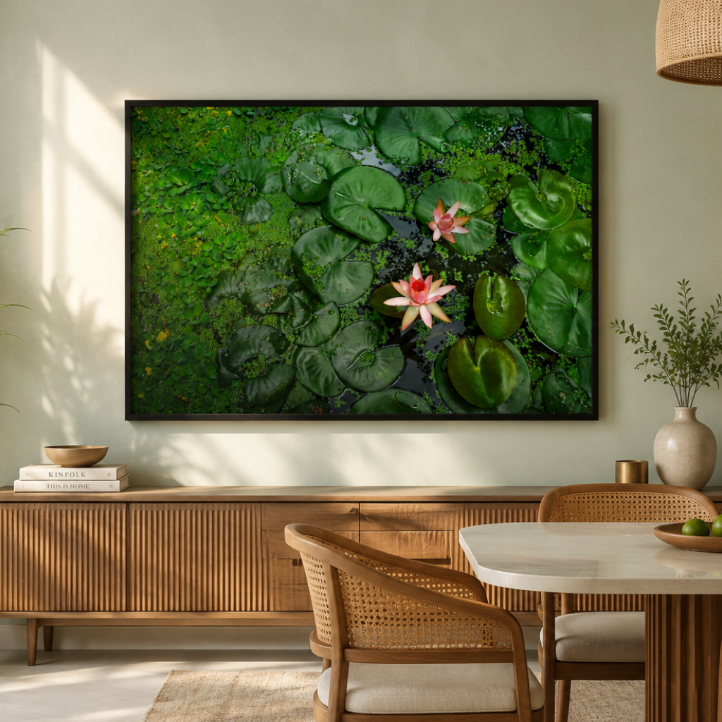 Pink Lotus Blooming in a Sea of Green – Lotus Pond Aerial View | Fine Art Wall Photography Print