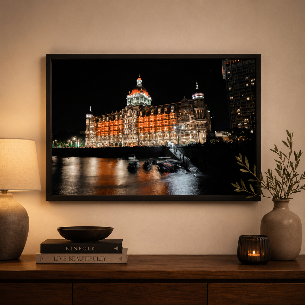 Mumbai Street Photography – Taj Mahal Palace Hotel at Night, Sea Reflections & Twinkling Lights | Fine Art Wall Photography Print