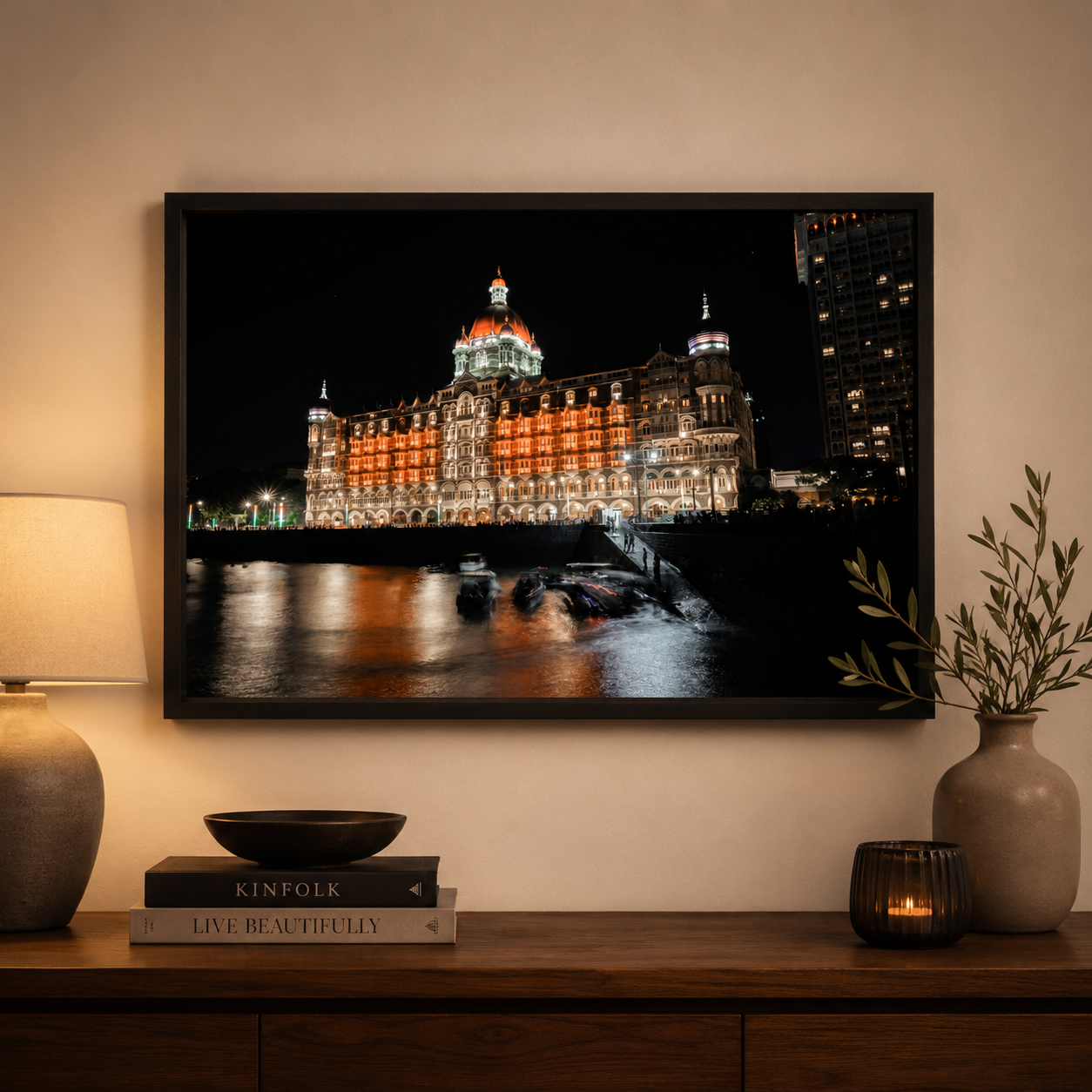 Mumbai Street Photography – Taj Mahal Palace Hotel at Night, Sea Reflections & Twinkling Lights | Fine Art Wall Photography Print