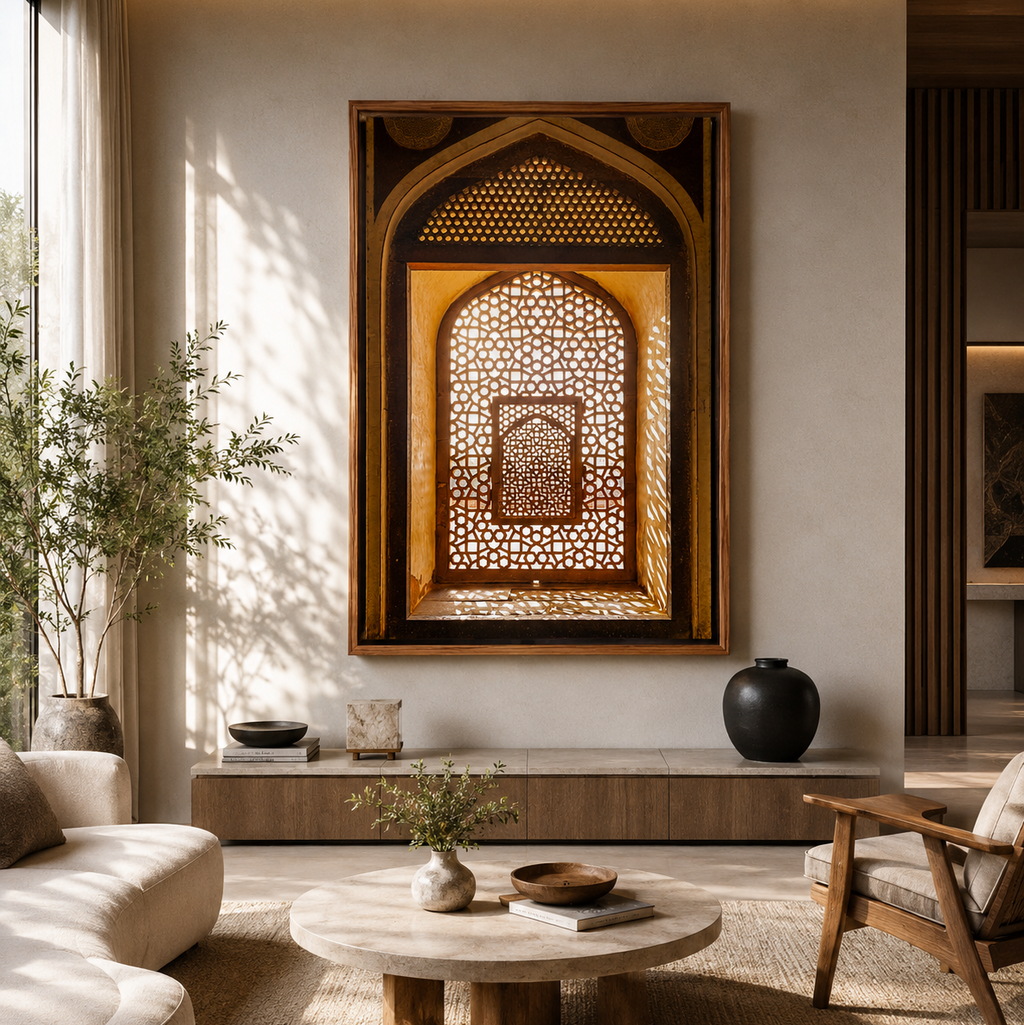 Humayun's Tomb – Jaali in Golden Light | Mughal Arch & Stone Lattice Fine Art Wall Photography Print