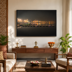 Varanasi Ganga Ghats – Boats at Rest, City Lights & the Sacred River at Night | Fine Art Wall Photography Print