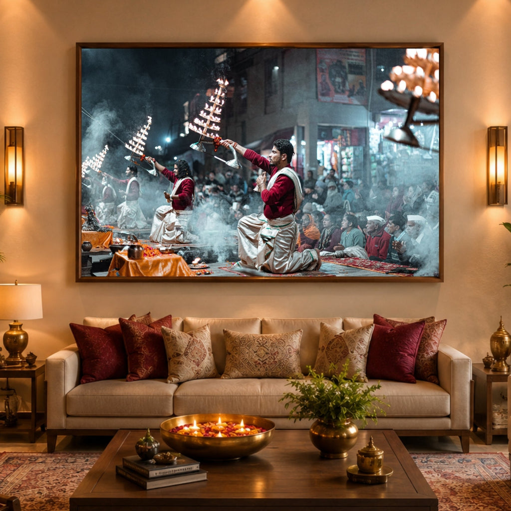 Ganga Aarti Varanasi – The Ethereal Ritual of Fire, Smoke & Devotion | Fine Art Wall Photography Print