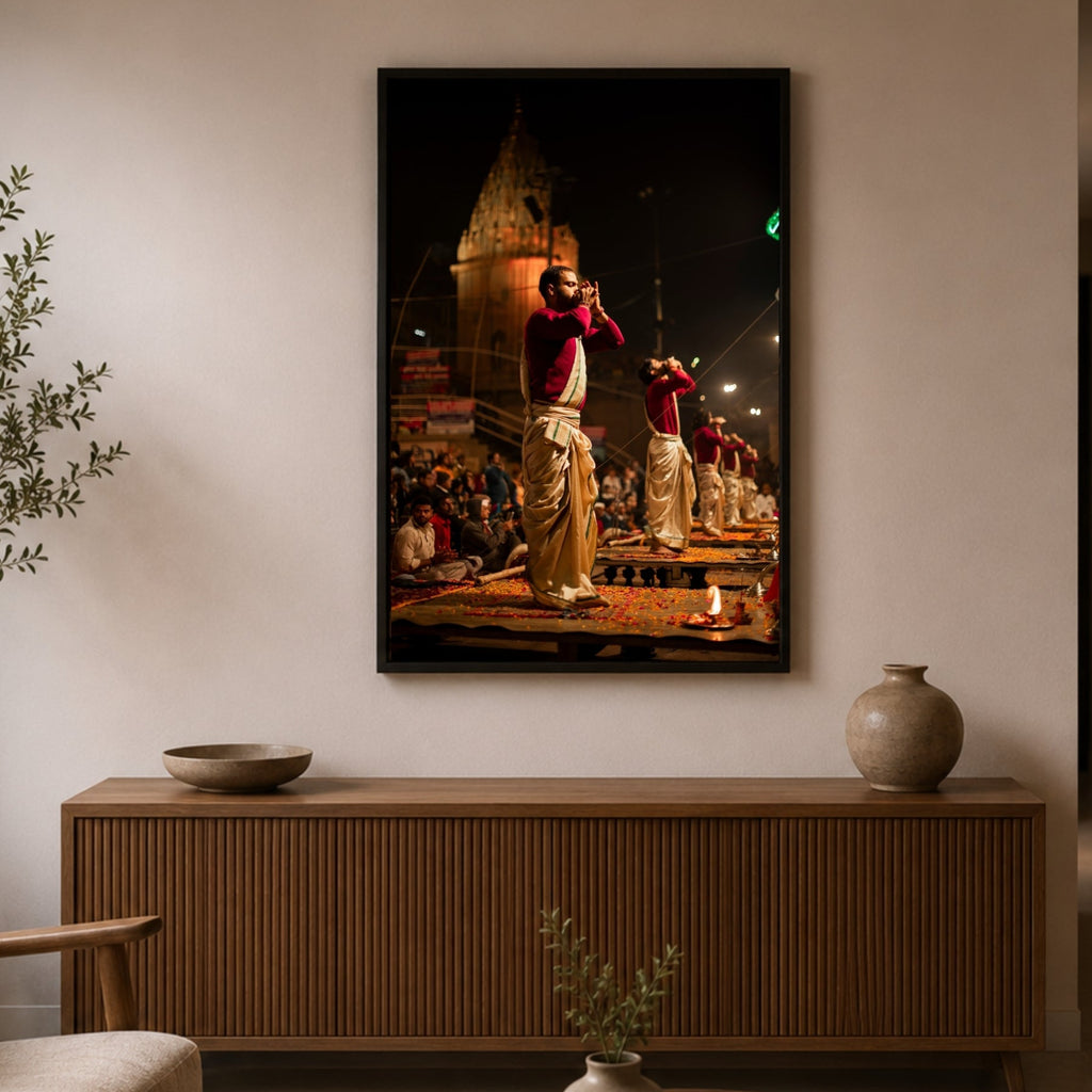 Varanasi Ganga Ghats – Ethereal Aarti | Conch, Fire & Bhakti at Its Peak | Fine Art Wall Photography Print