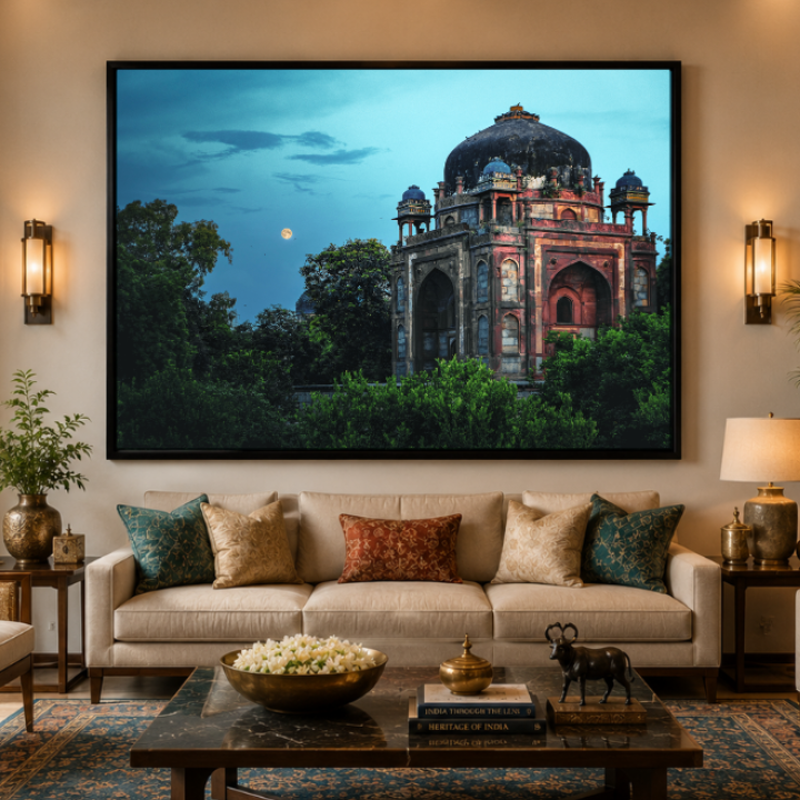 Humayun's Tomb Complex – Barber's Tomb Against the Rising Moon | Ethereal Blue Sky & Mughal Silence | Fine Art Wall Photography Print