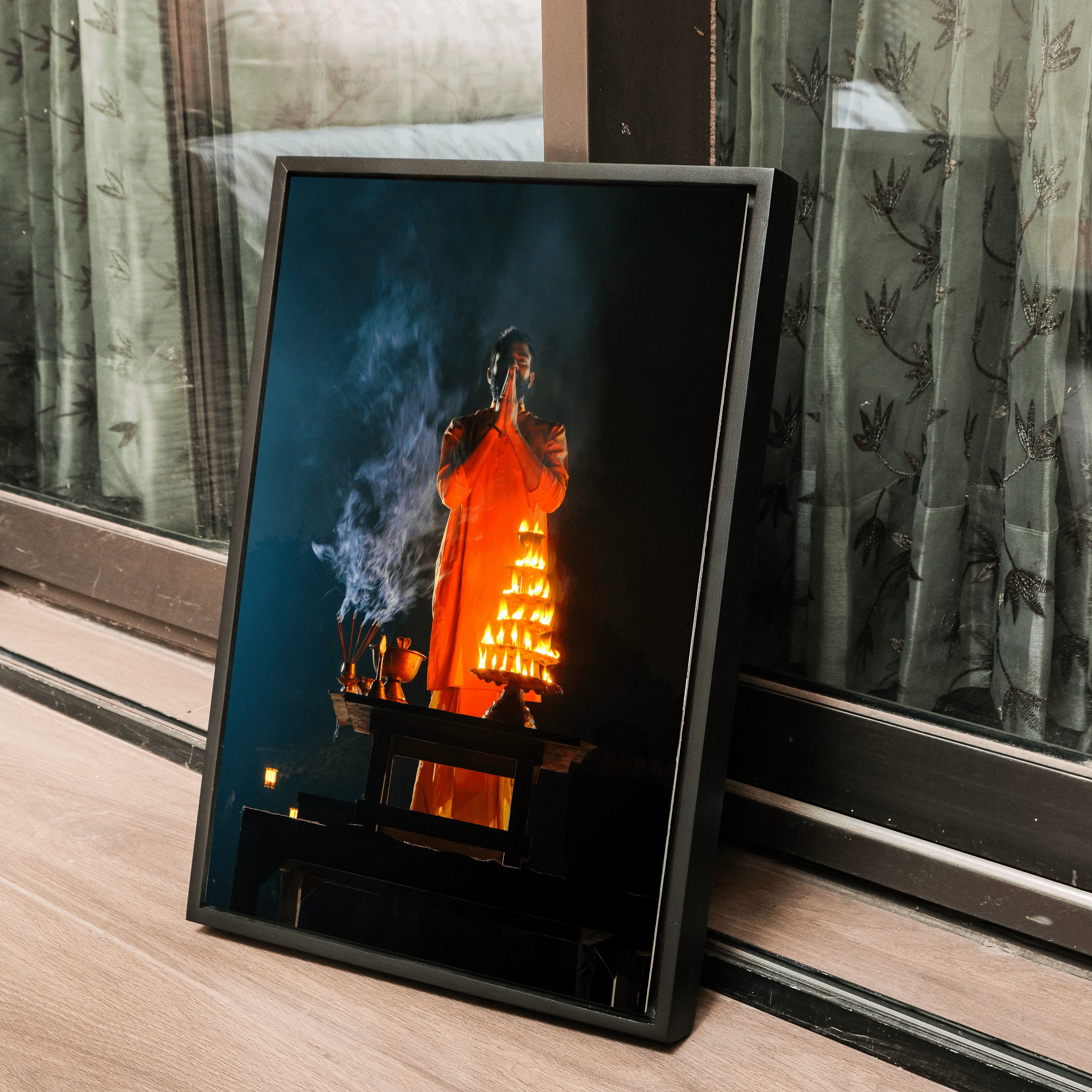 Yamuna Aarti – Priest in Divine Smoke & Night Light | Indian Spiritual Fine Art Wall Photography Print