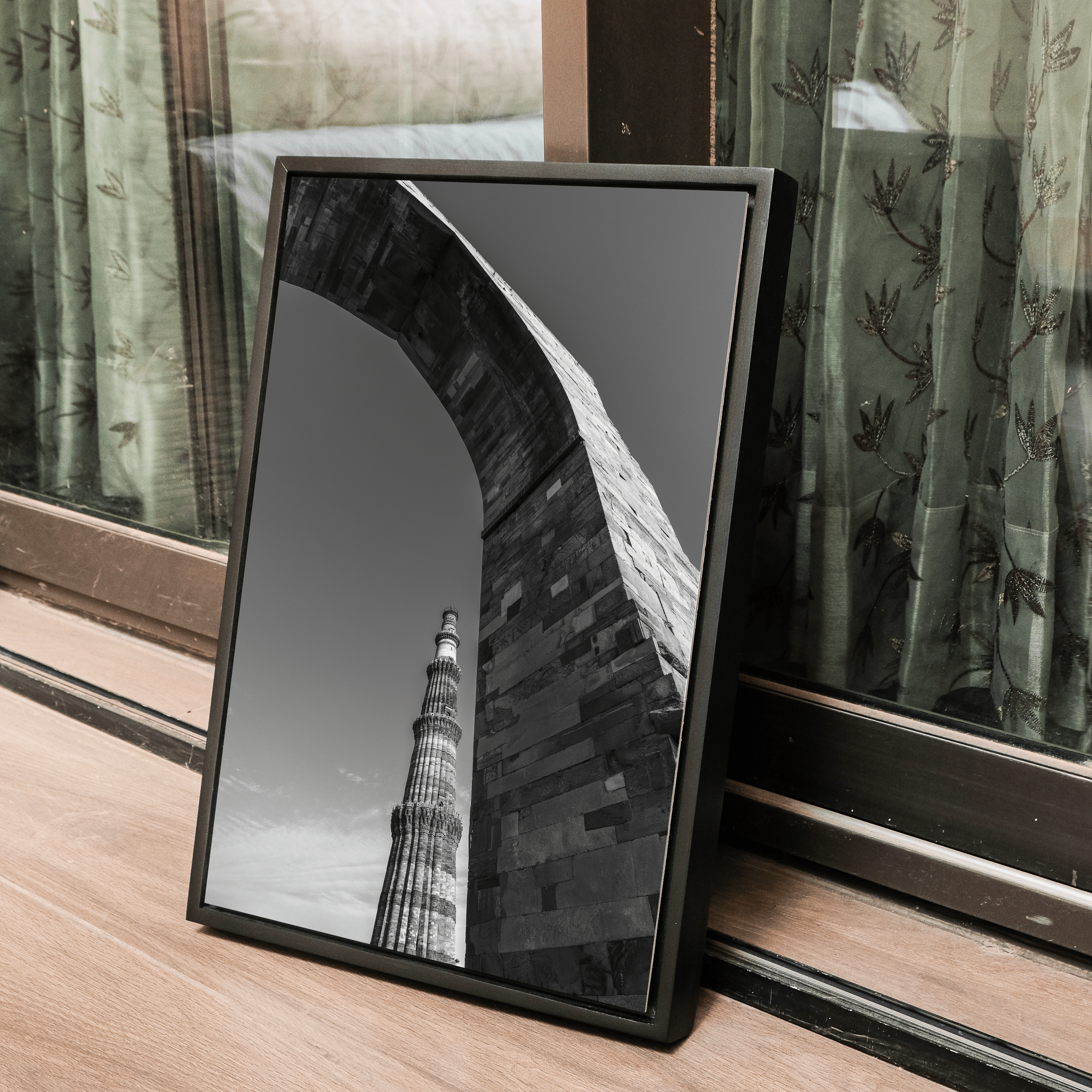 Qutub Minar Through the Arches – Black & White | Indian Heritage Fine Art Wall Photography Print