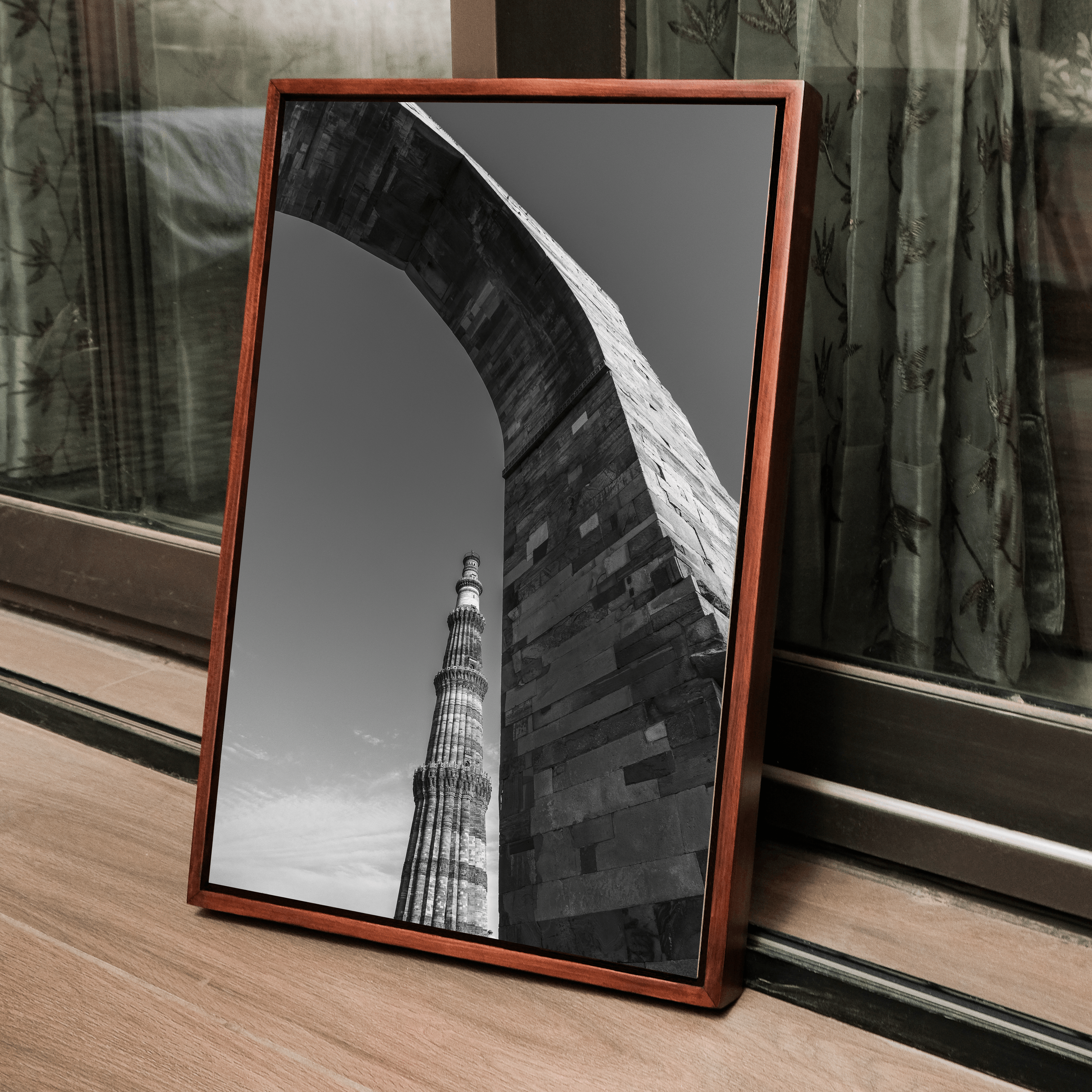 Qutub Minar Through the Arches – Black & White | Indian Heritage Fine Art Wall Photography Print