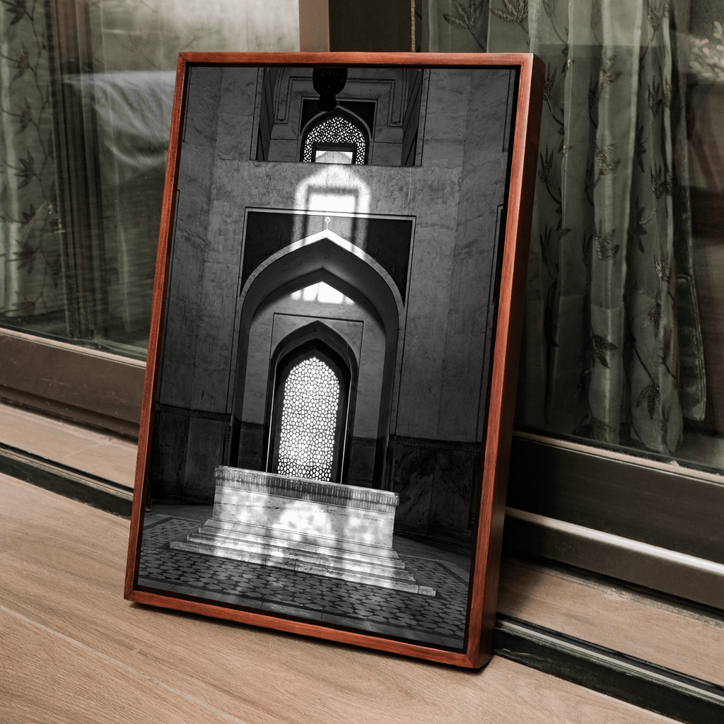 Humayun's Tomb Grave – Shadows, Reflections & Inlays | Black & White Fine Art Print