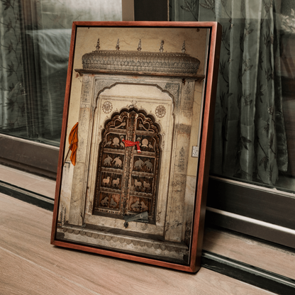 Jaipur Medieval Temple Door – Chhatri Canopy & Dark Brown Doors | Heritage Presence Fine Art Wall Photography Print