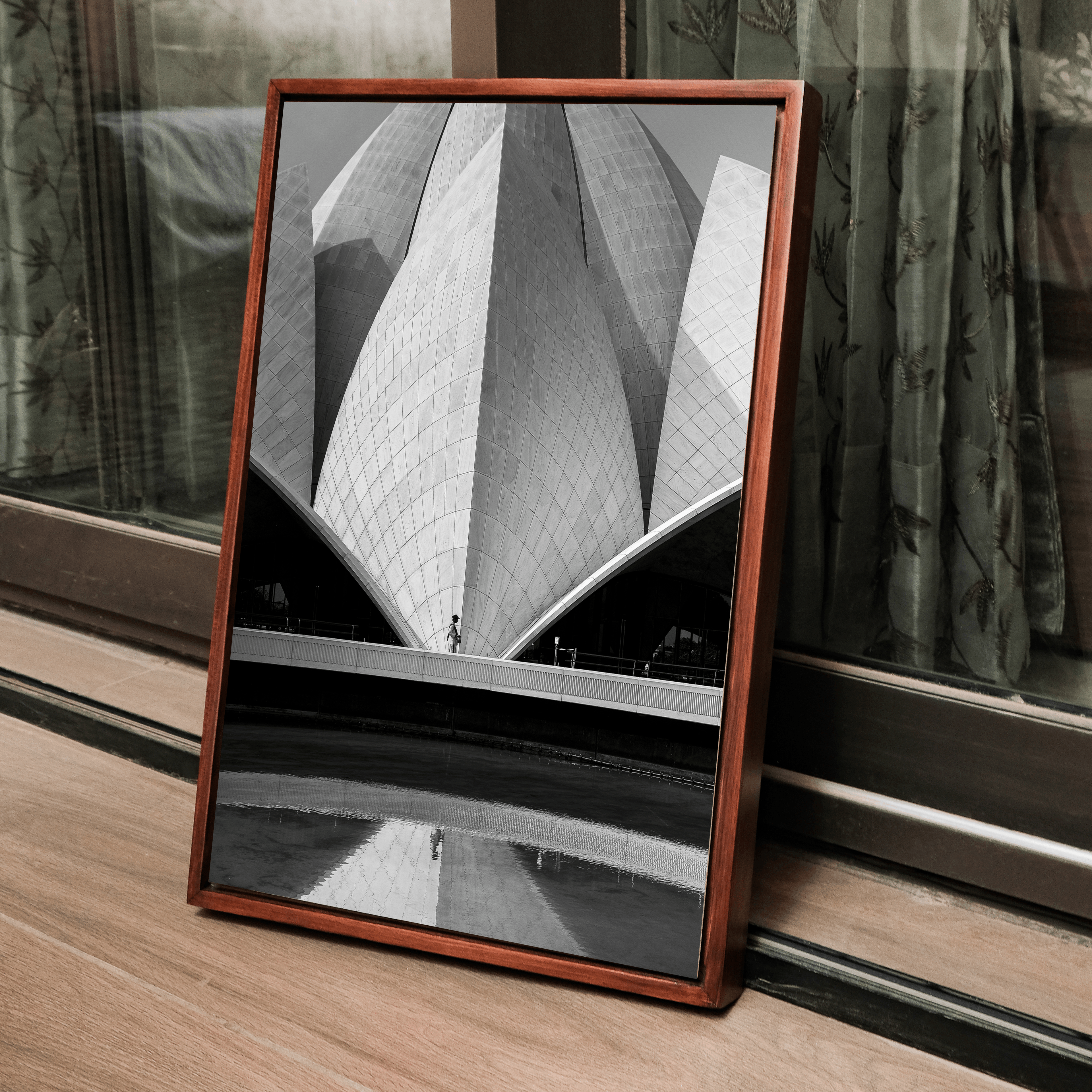 Lotus Temple Delhi – Concrete Petals, Shadow & Pool Reflection | B&W Architectural Fine Art Wall Photography Print