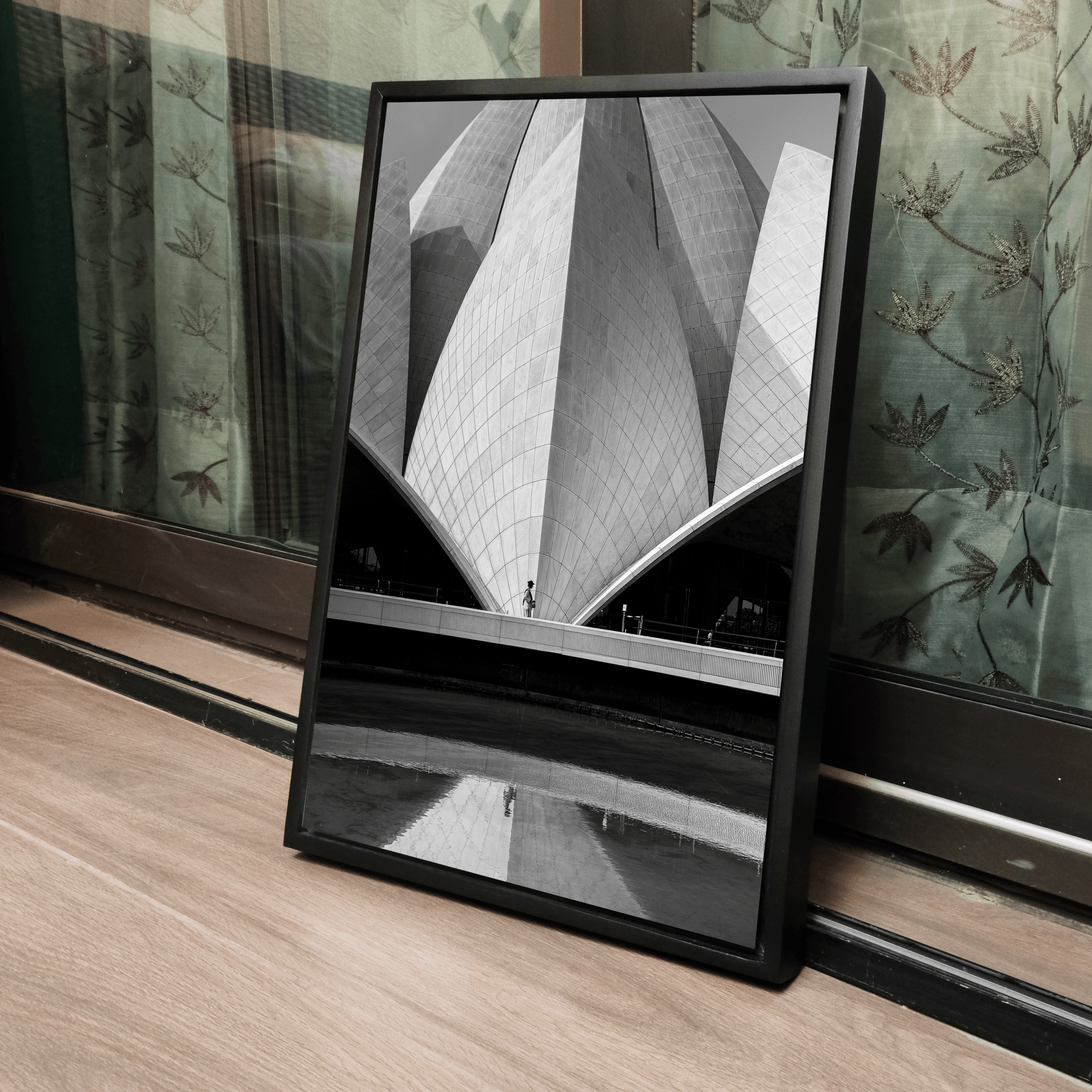 Lotus Temple Delhi – Concrete Petals, Shadow & Pool Reflection | B&W Architectural Fine Art Wall Photography Print