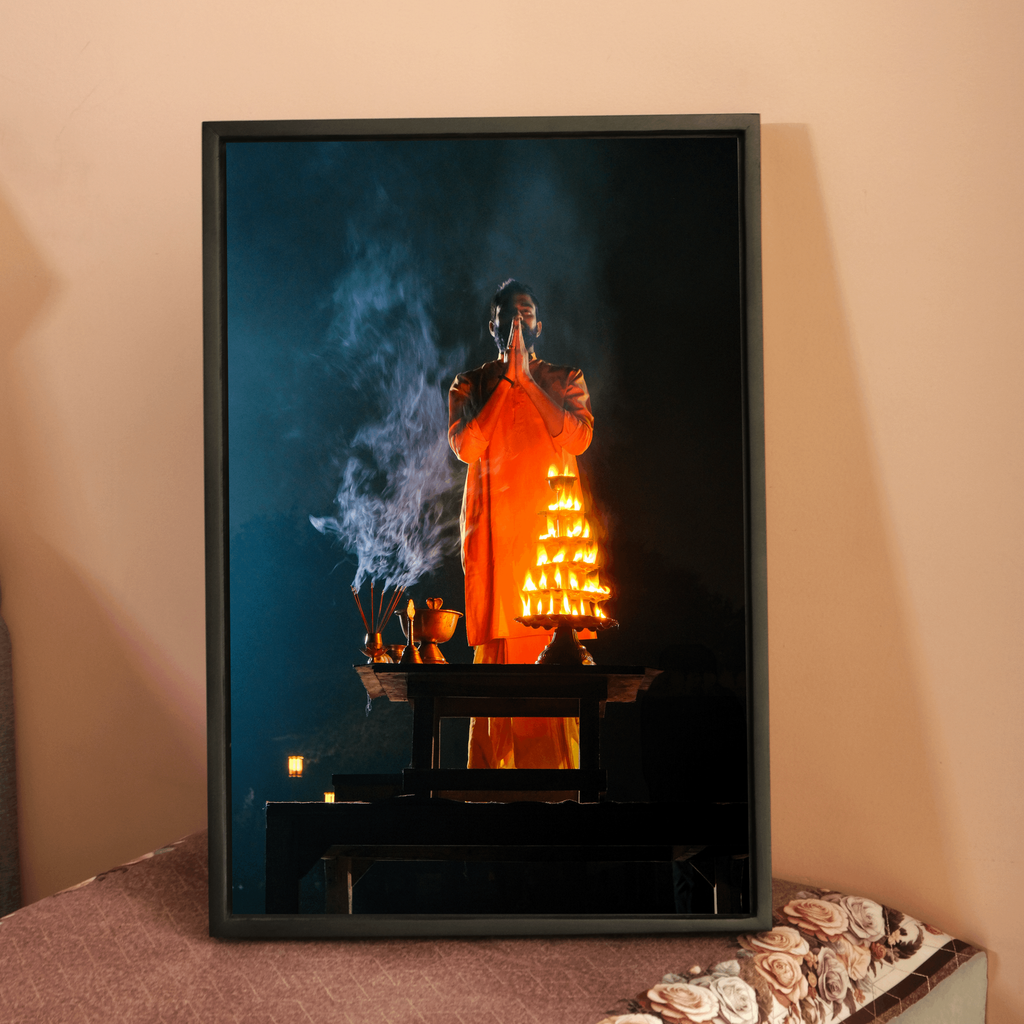 Yamuna Aarti – Priest in Divine Smoke & Night Light | Indian Spiritual Fine Art Wall Photography Print