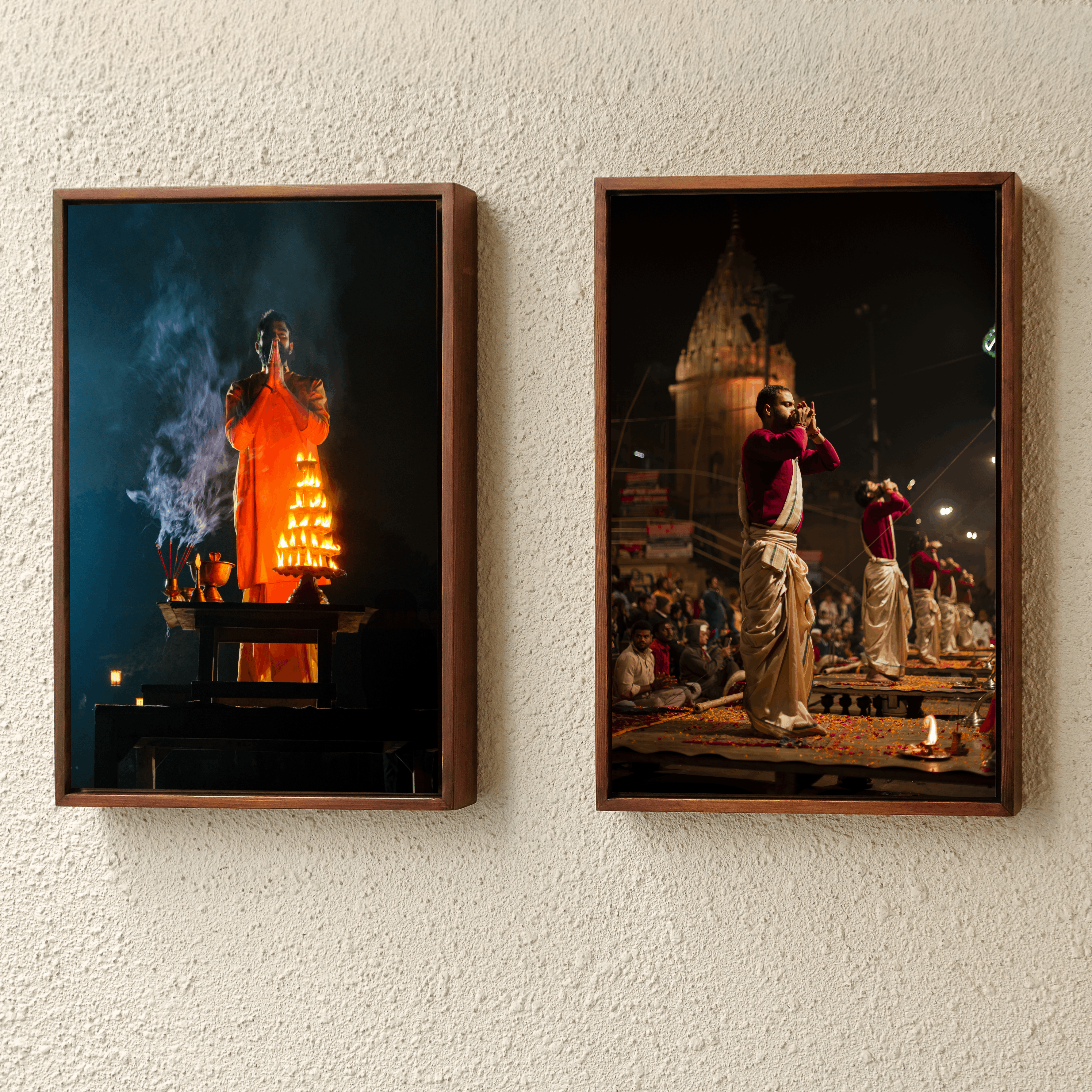 Yamuna Aarti – Priest in Divine Smoke & Night Light | Indian Spiritual Fine Art Wall Photography Print