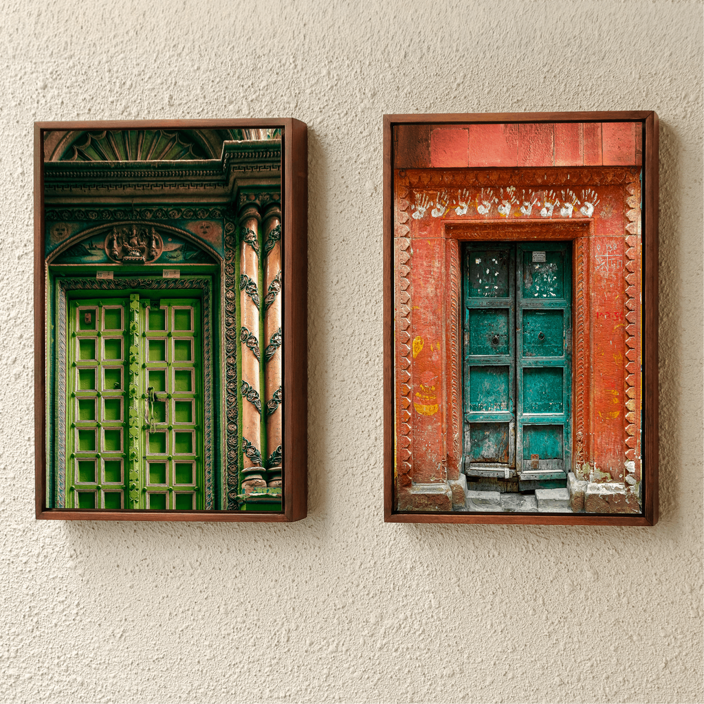 Varanasi – The Green Door of the Sacred Lane | Hindu Devotion Fine Art Wall Photography Print