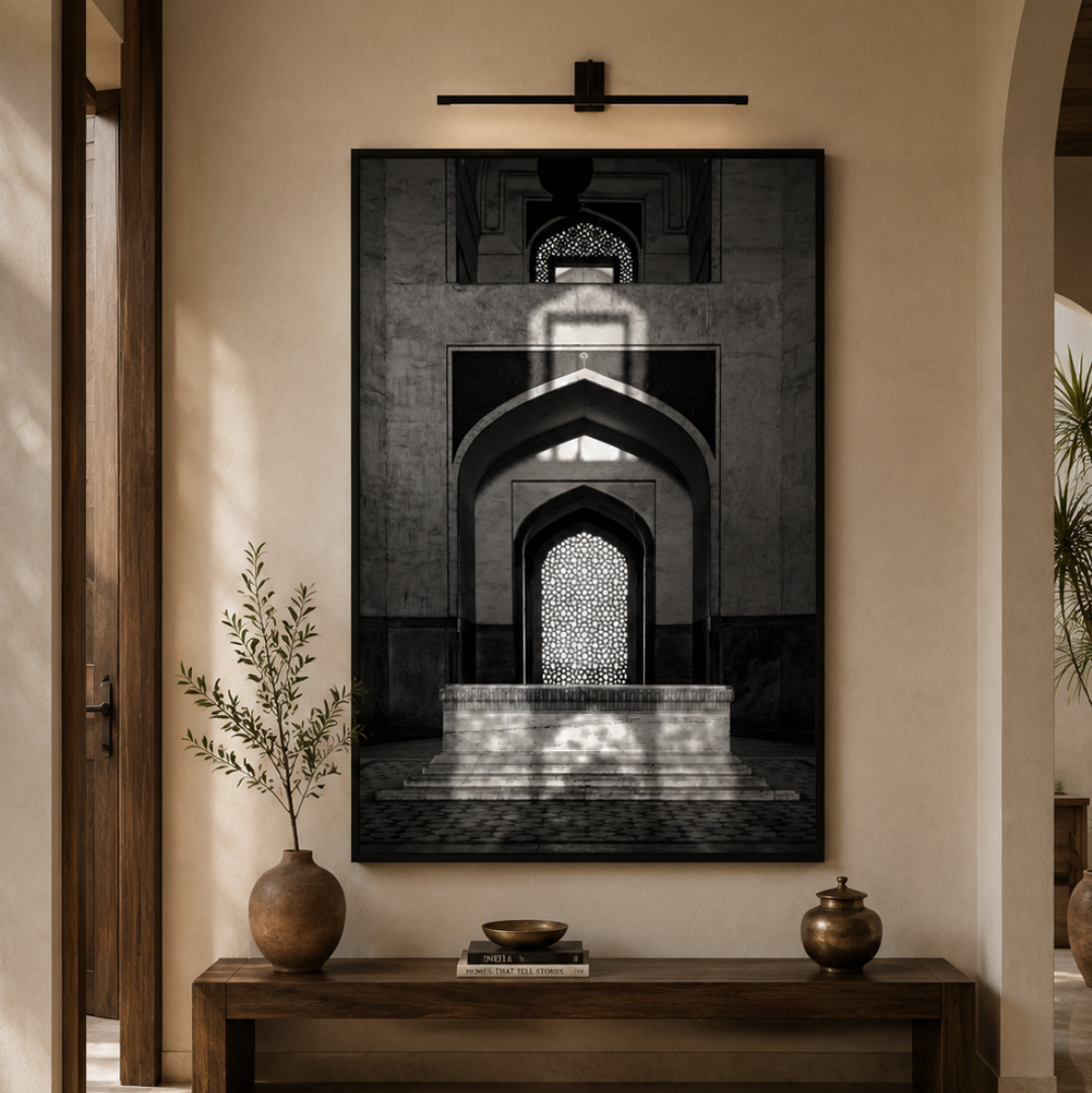 Humayun's Tomb Grave – Shadows, Reflections & Inlays | Black & White Fine Art Print