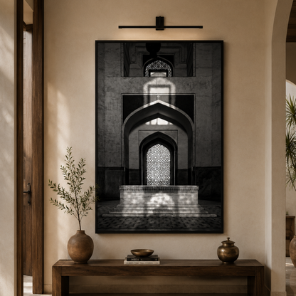 Humayun's Tomb Grave – Shadows, Reflections & Inlays | Black & White Fine Art Print