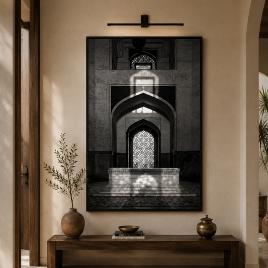 Humayun's Tomb Grave – Shadows, Reflections & Inlays | Black & White Fine Art Print