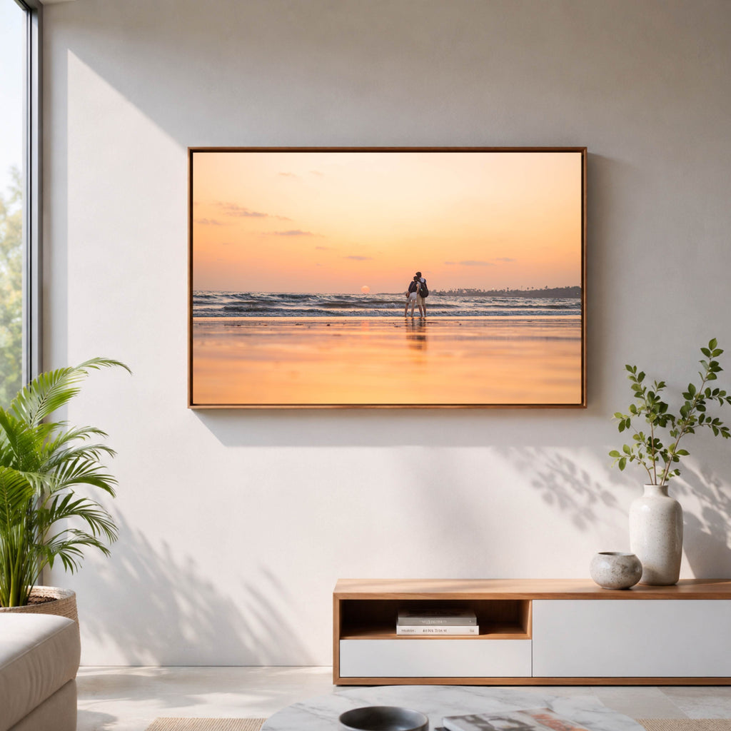 Mumbai Beach – Couple at Sunset, Wet Sand Reflections | Fine Art Wall Photography Print