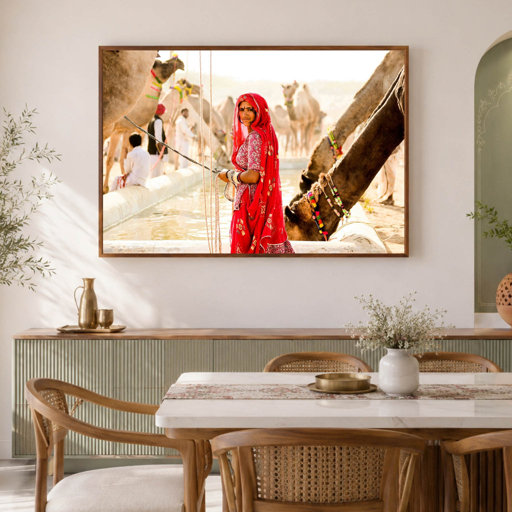 Pushkar Camel Fair – Woman in Red at the Camel Pond | Rajasthan Fine Art Wall Photography Print