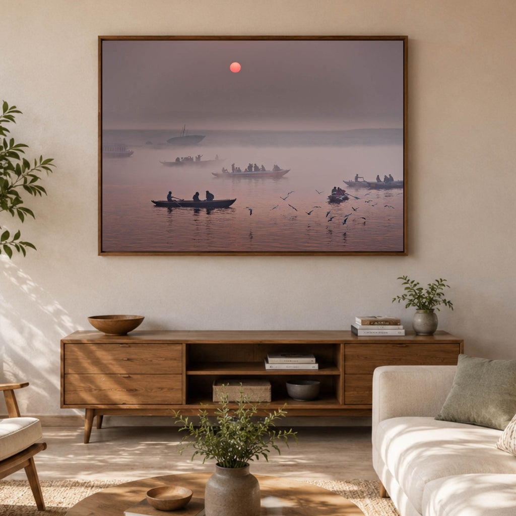 Varanasi Ganga Ghats – Winter Morning Fog, Silhouettes & the Crimson Sun | Fine Art Wall Photography Print
