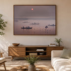 Varanasi Ganga Ghats – Winter Morning Fog, Silhouettes & the Crimson Sun | Fine Art Wall Photography Print