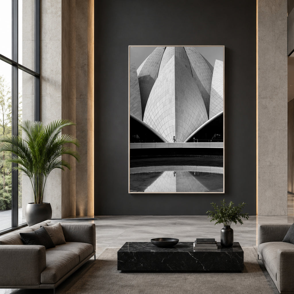 Lotus Temple Delhi – Concrete Petals, Shadow & Pool Reflection | B&W Architectural Fine Art Wall Photography Print
