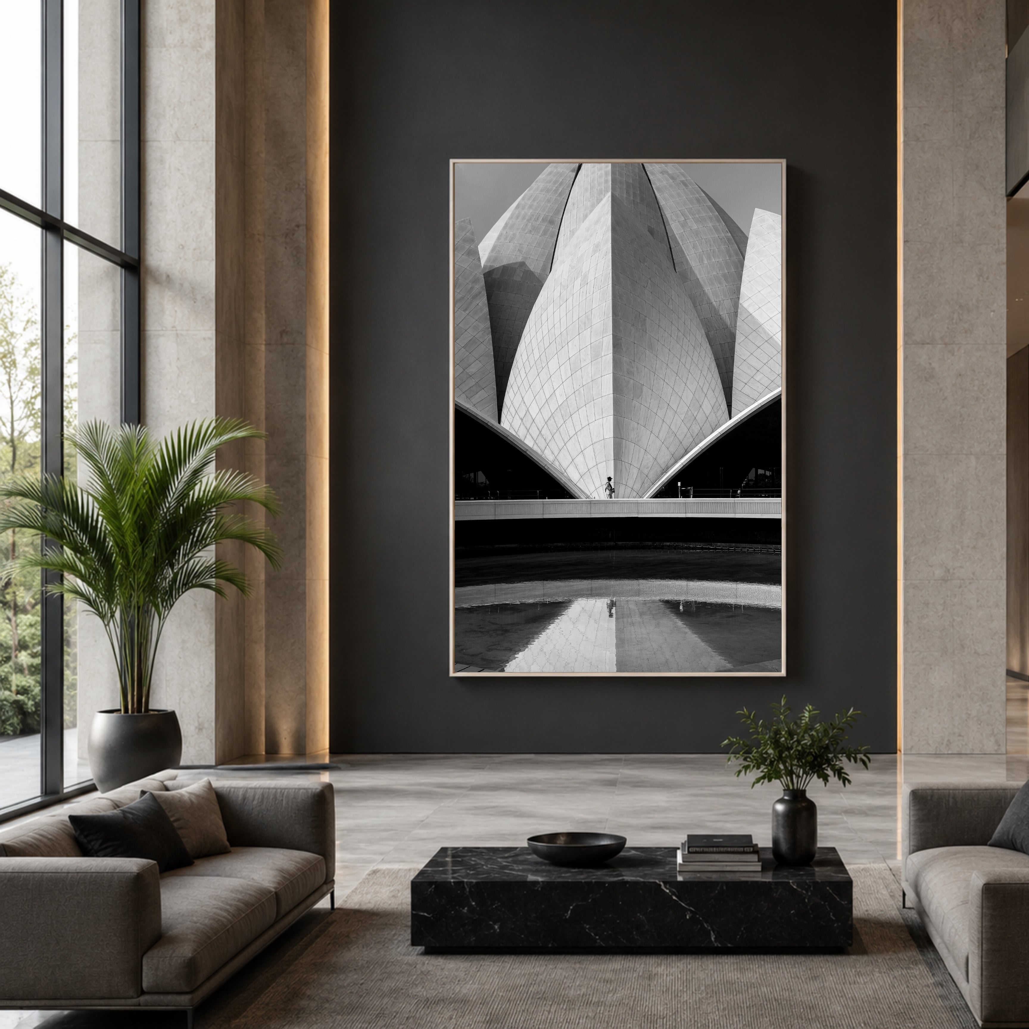 Lotus Temple Delhi – Concrete Petals, Shadow & Pool Reflection | B&W Architectural Fine Art Wall Photography Print