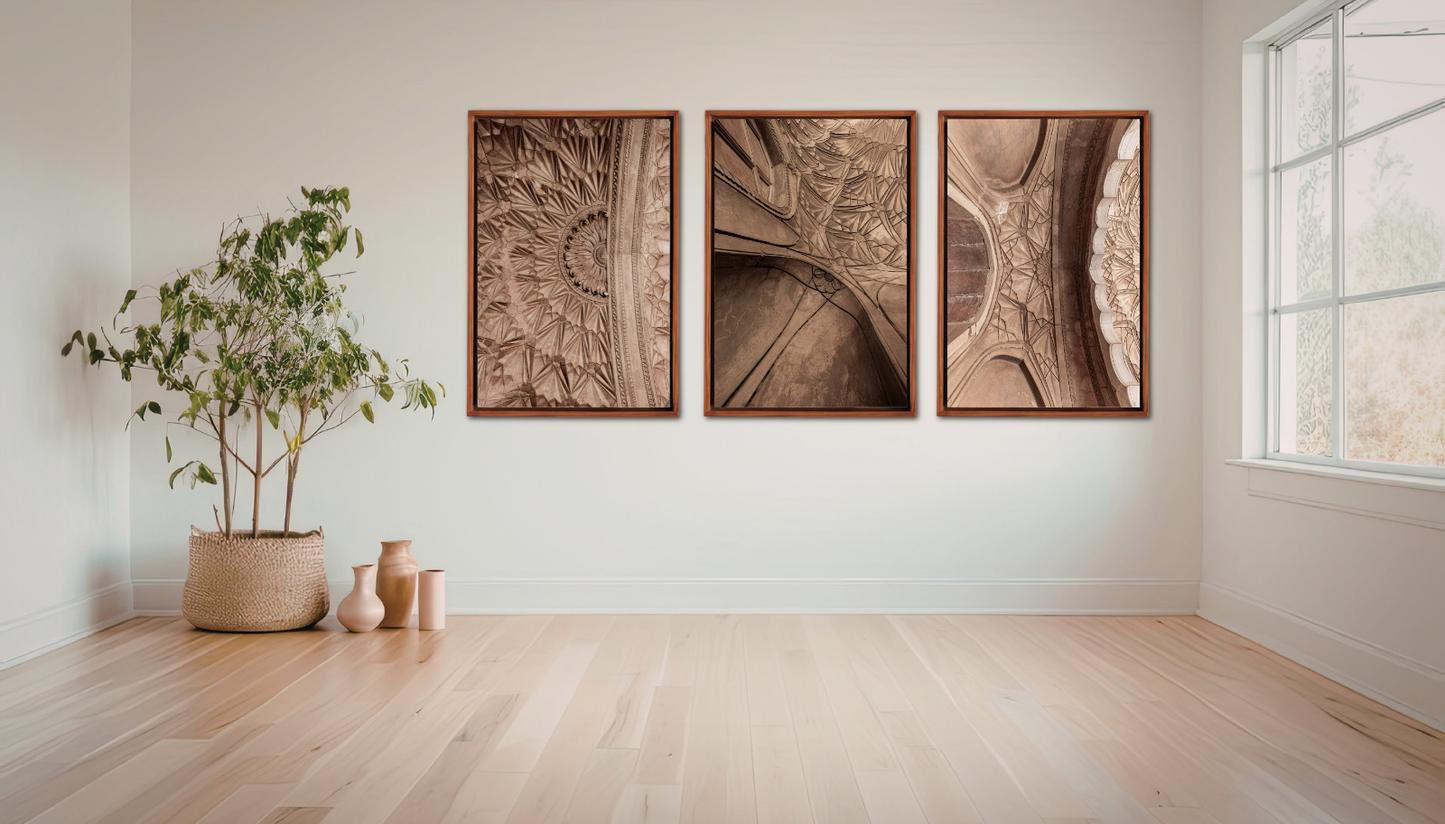Safdarjung Tomb, Delhi – Vault Relief Triptych | Stucco, Shadow & the Last Flourish of the Mughals | Fine Art Wall Photography Print