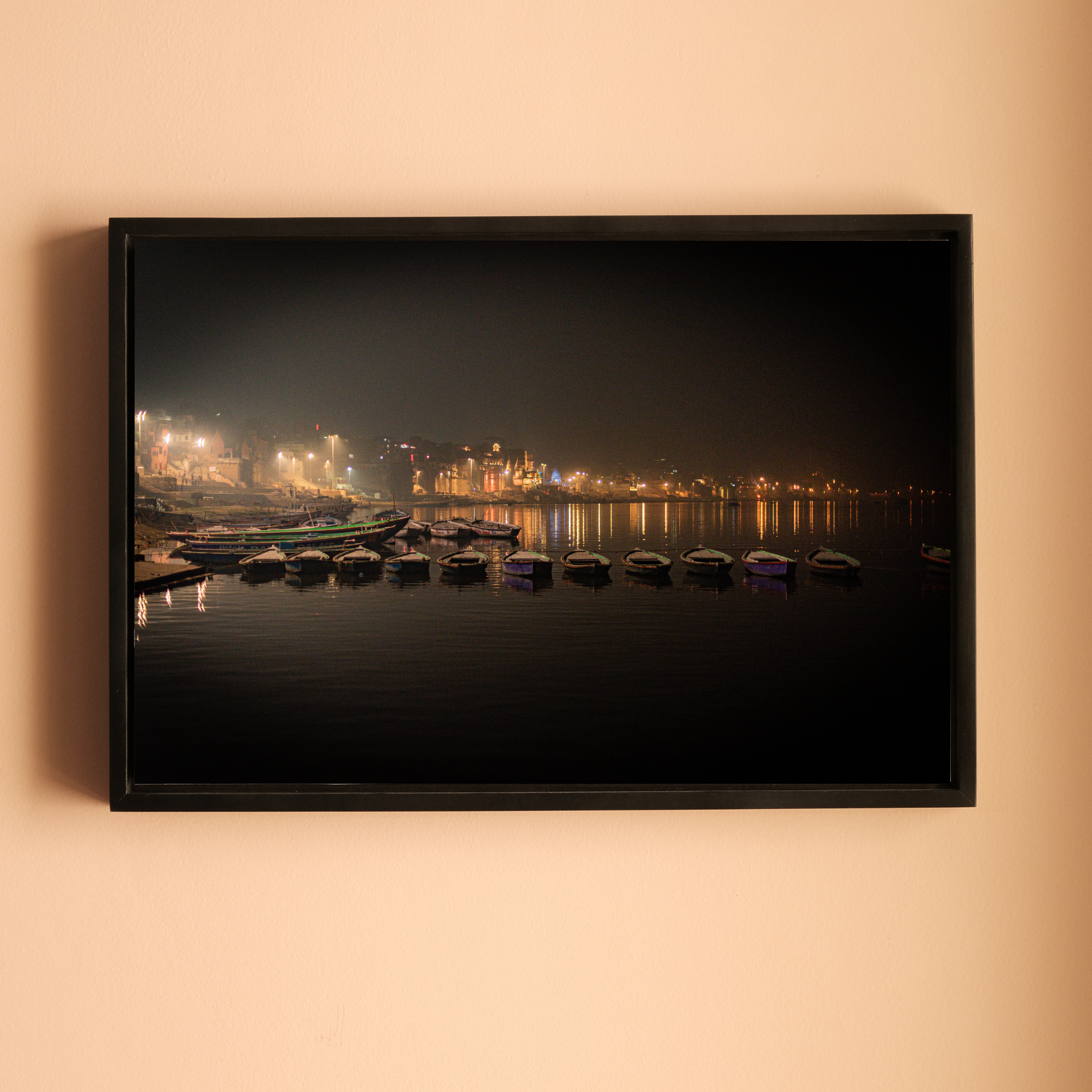 Varanasi Ganga Ghats – Boats at Rest, City Lights & the Sacred River at Night | Fine Art Wall Photography Print
