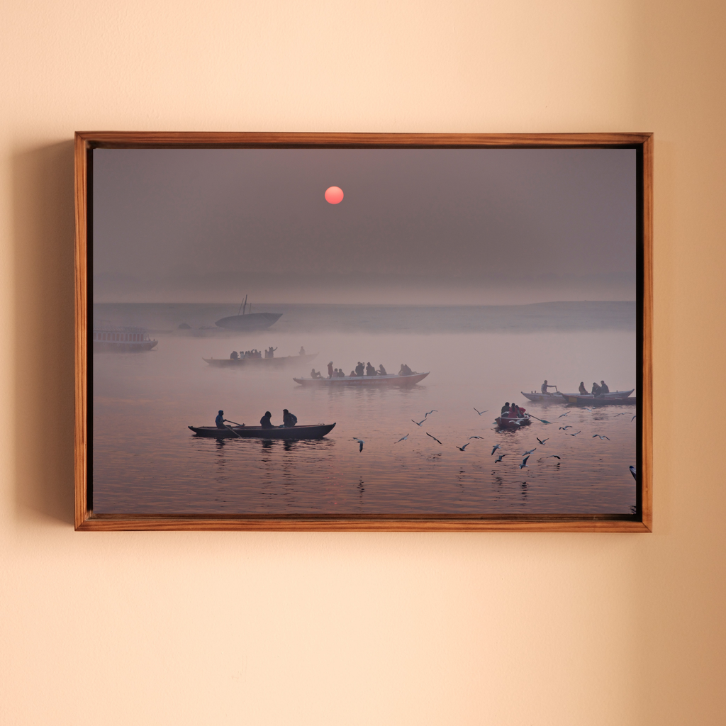 Varanasi Ganga Ghats – Winter Morning Fog, Silhouettes & the Crimson Sun | Fine Art Wall Photography Print