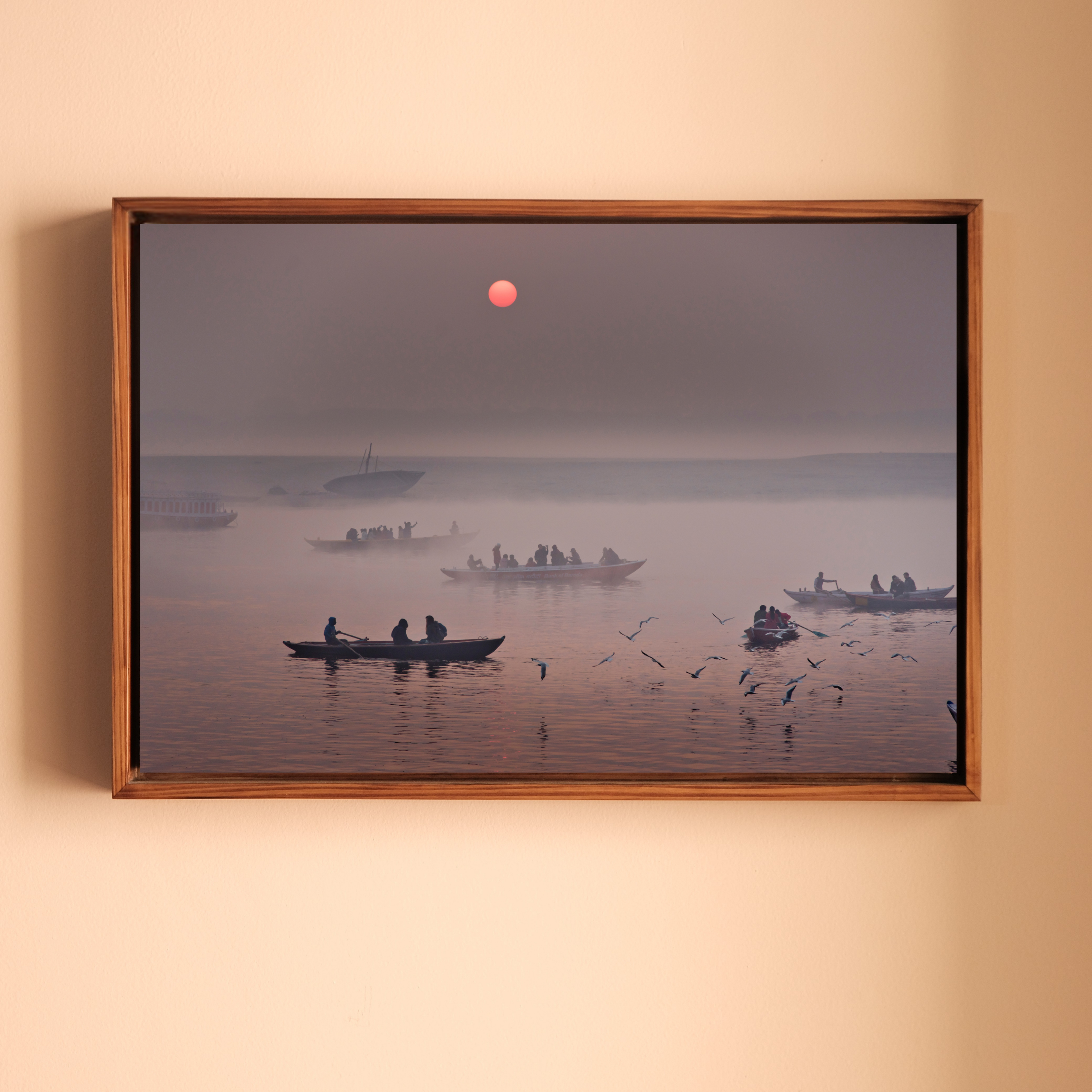Varanasi Ganga Ghats – Winter Morning Fog, Silhouettes & the Crimson Sun | Fine Art Wall Photography Print