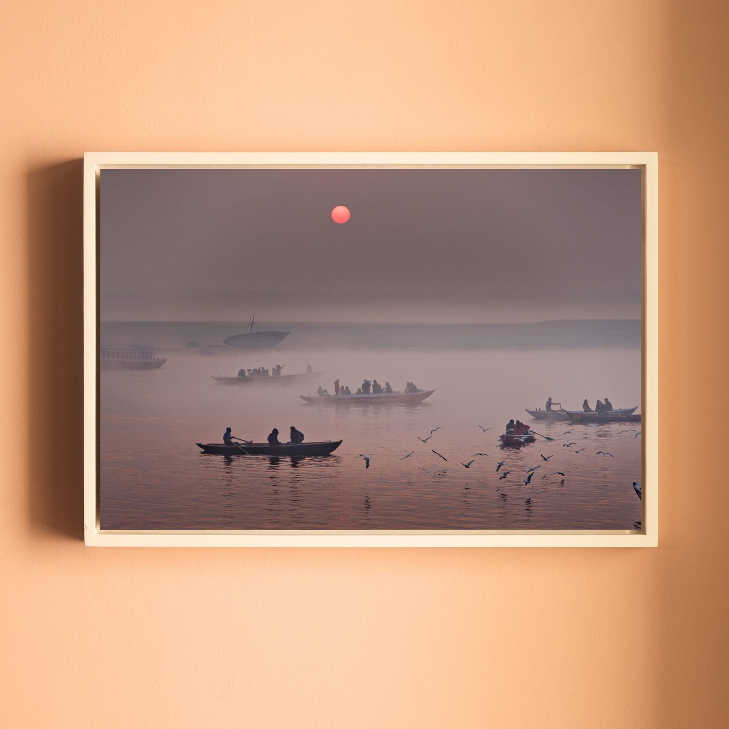 Varanasi Ganga Ghats – Winter Morning Fog, Silhouettes & the Crimson Sun | Fine Art Wall Photography Print