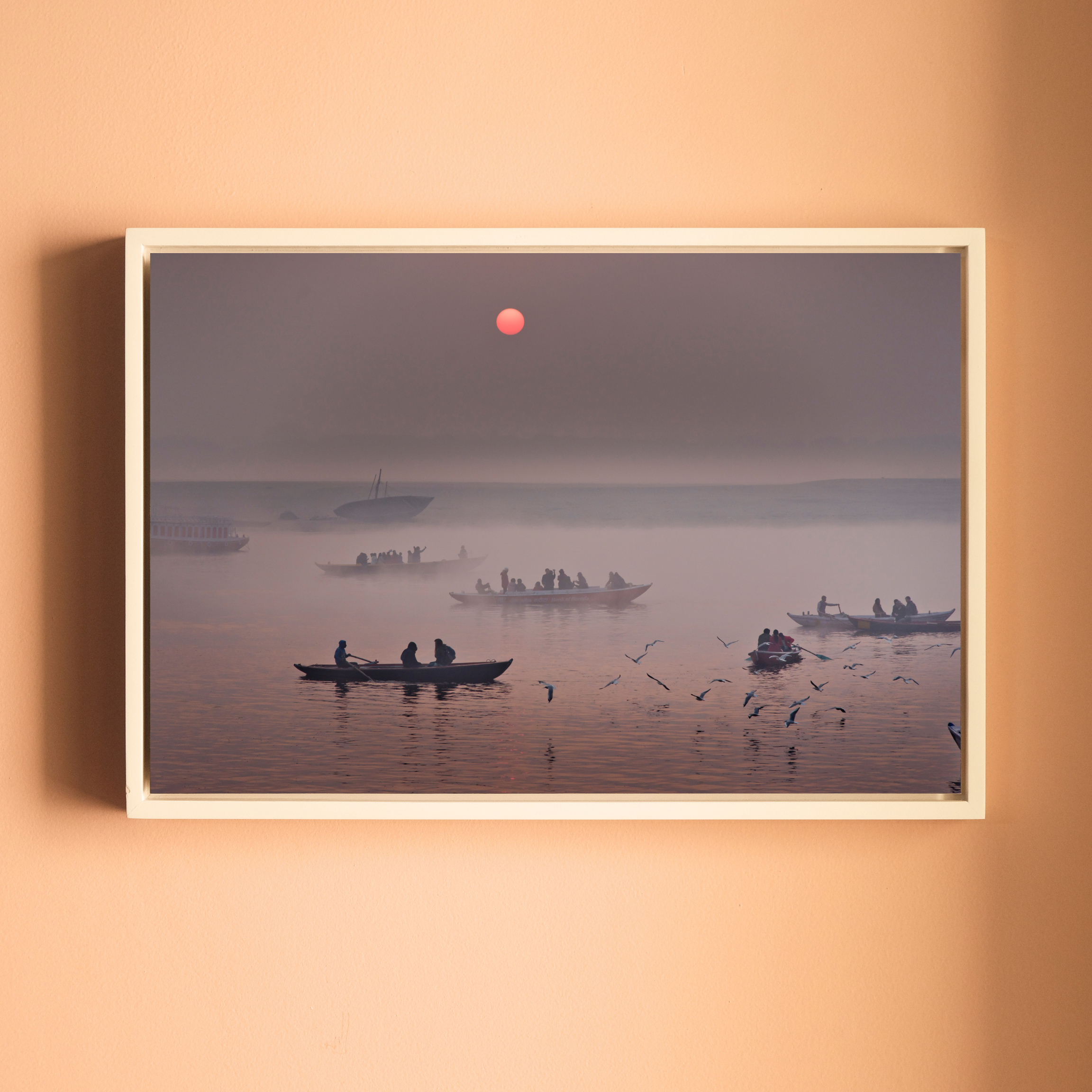 Varanasi Ganga Ghats – Winter Morning Fog, Silhouettes & the Crimson Sun | Fine Art Wall Photography Print