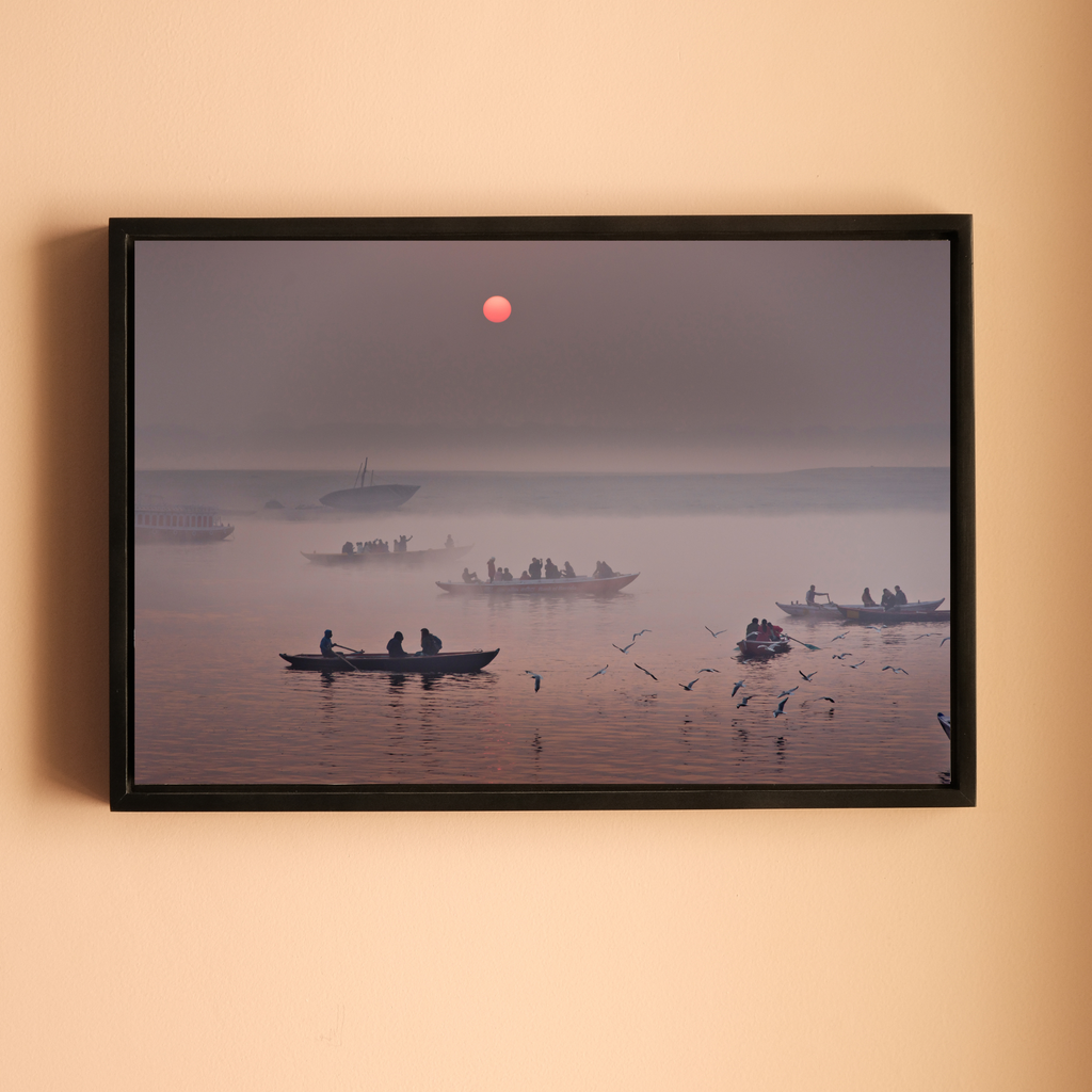 Varanasi Ganga Ghats – Winter Morning Fog, Silhouettes & the Crimson Sun | Fine Art Wall Photography Print