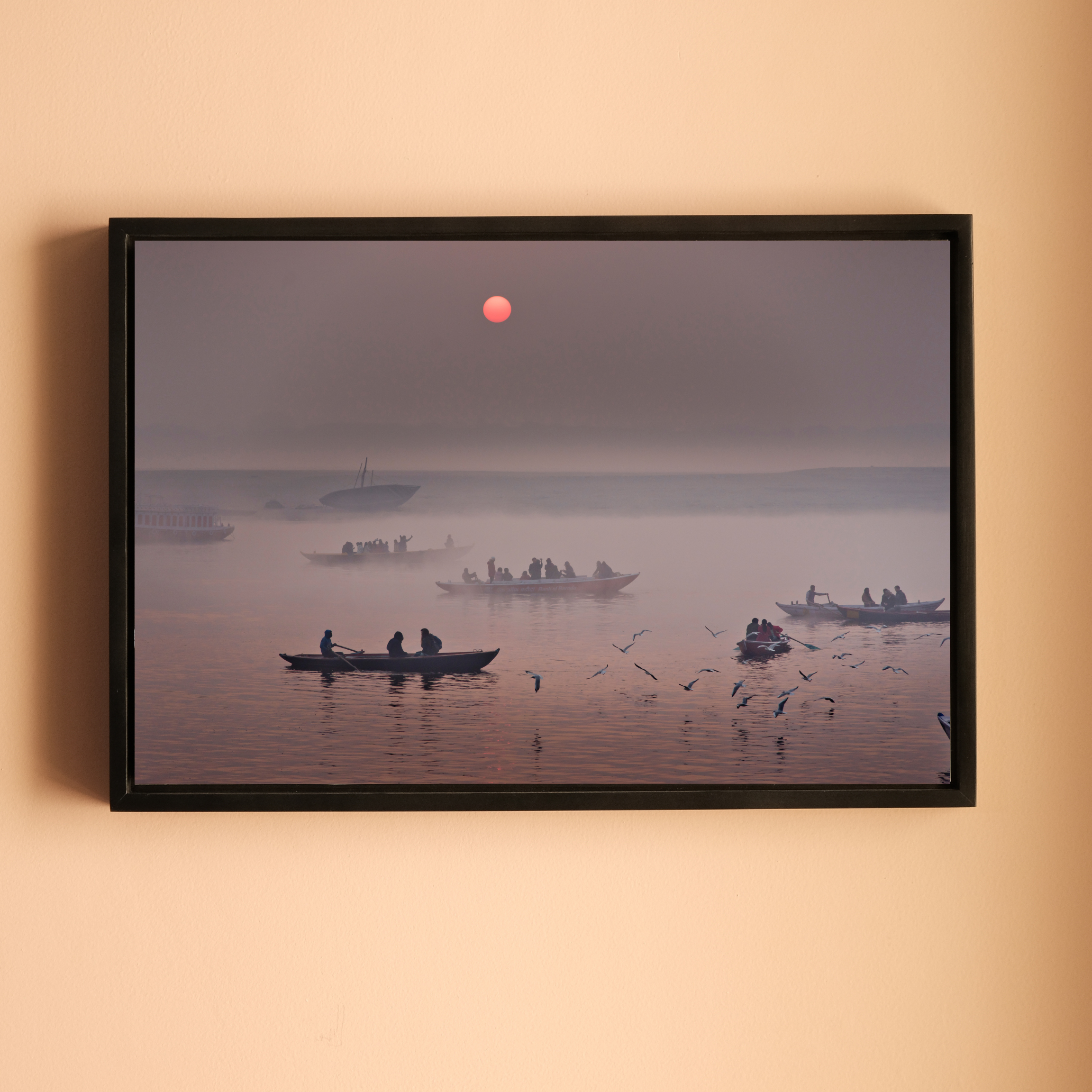 Varanasi Ganga Ghats – Winter Morning Fog, Silhouettes & the Crimson Sun | Fine Art Wall Photography Print